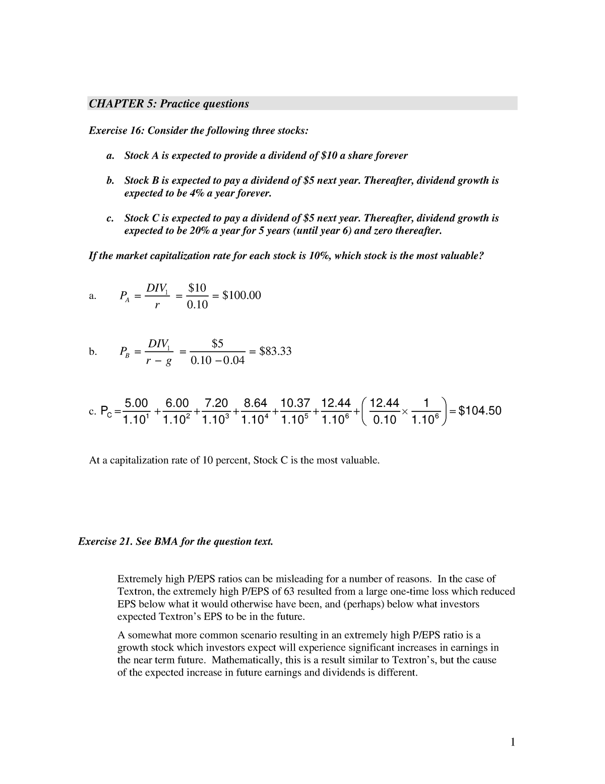 Stock - note - CHAPTER 5: Practice questions Exercise 16: Consider the ...