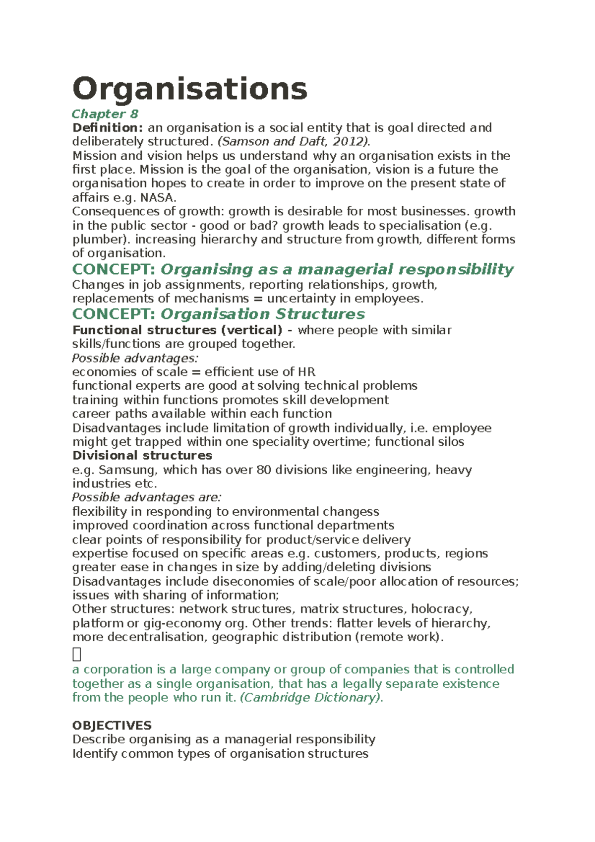 Organisations - MGMT101 - Organisations Chapter 8 Definition: an ...