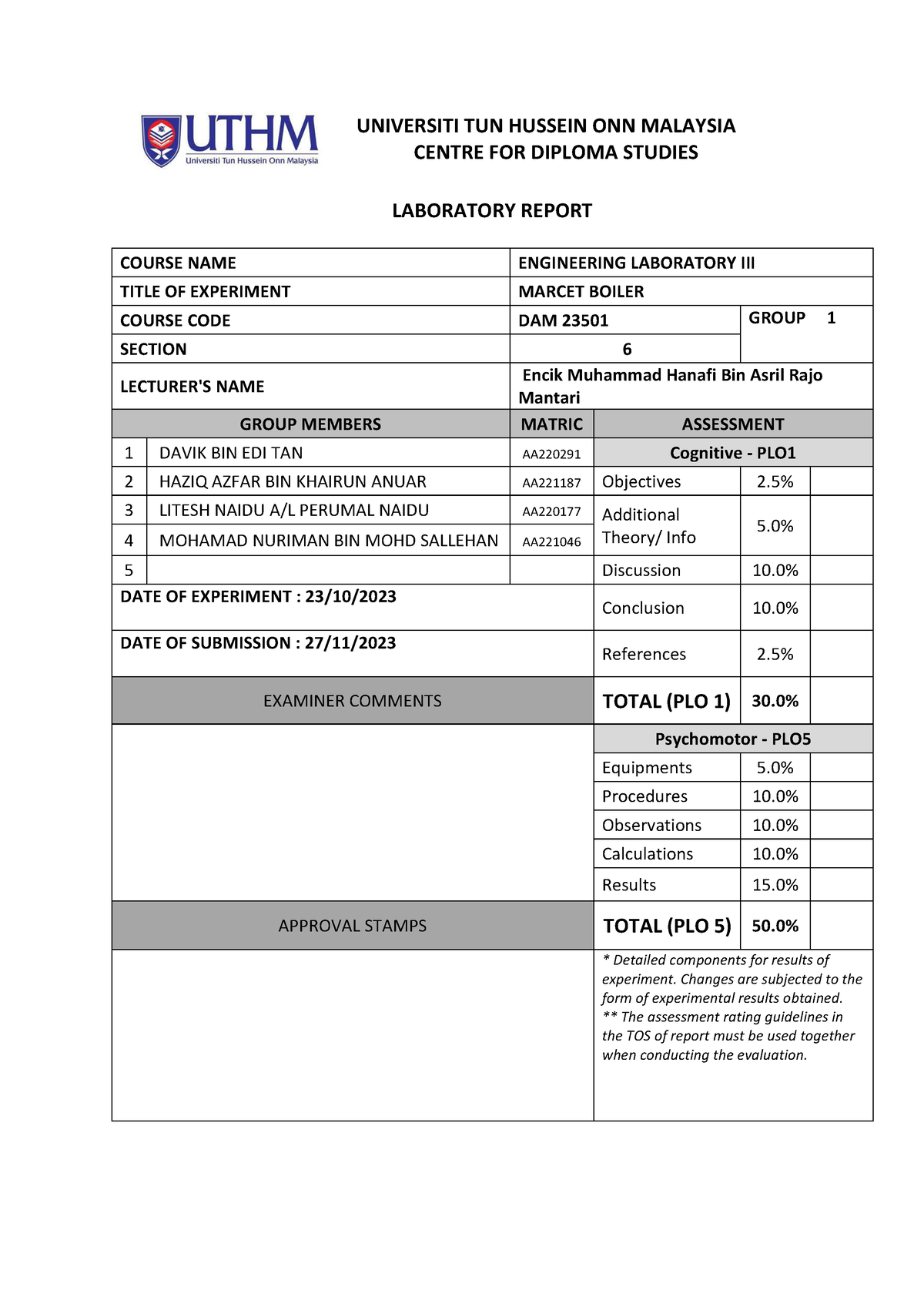 Marcetboiler - Lab Report - UNIVERSITI TUN HUSSEIN ONN MALAYSIA CENTRE ...