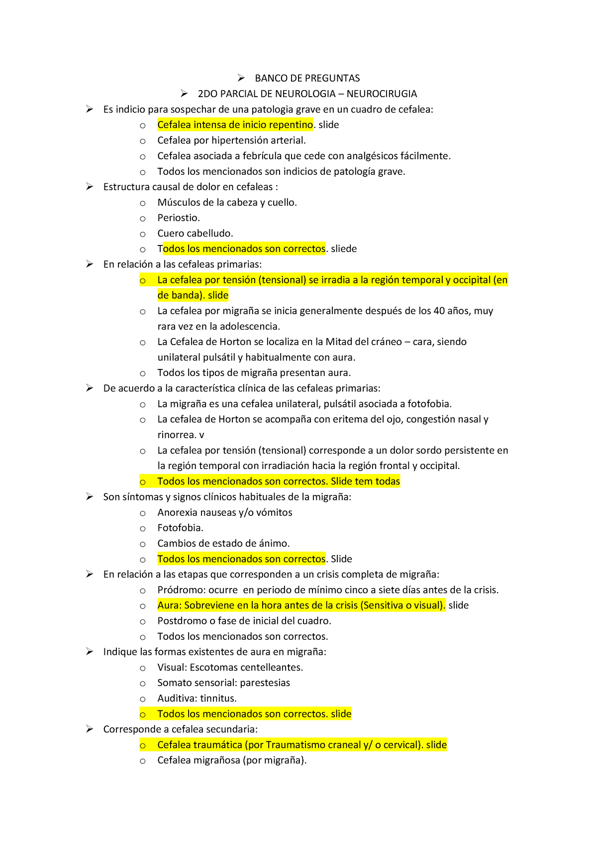 Banco DE Preguntas. Segundo Parcial DE Neurologia. Respon - BANCO DE ...