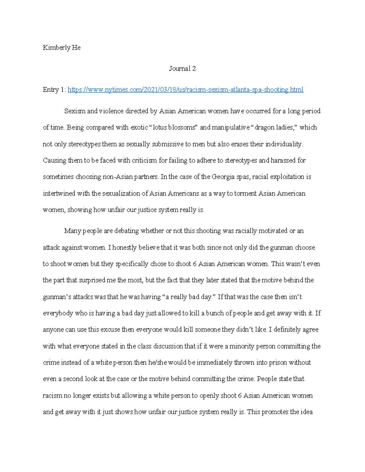 Journal 2 - Summary Literature In English I - Kimberly He Journal 2 ...