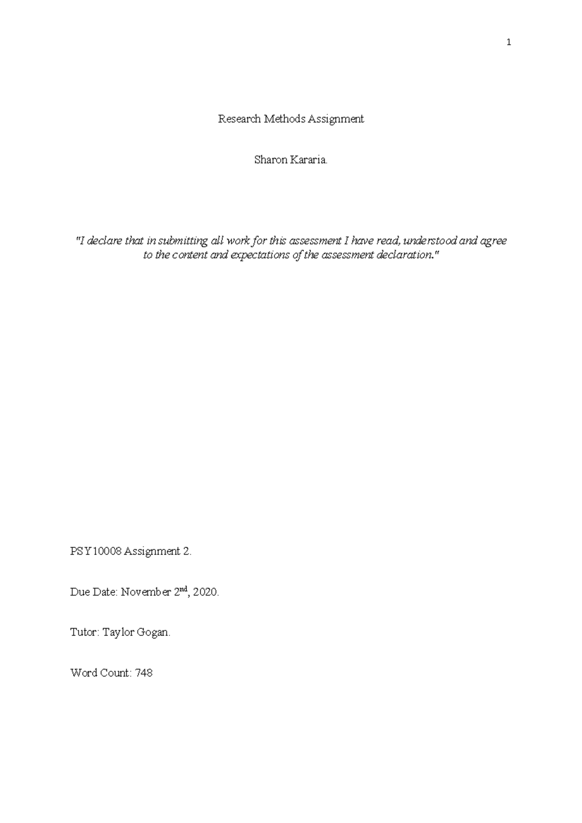 Research Methods Assignment - Research Methods Assignment Sharon ...