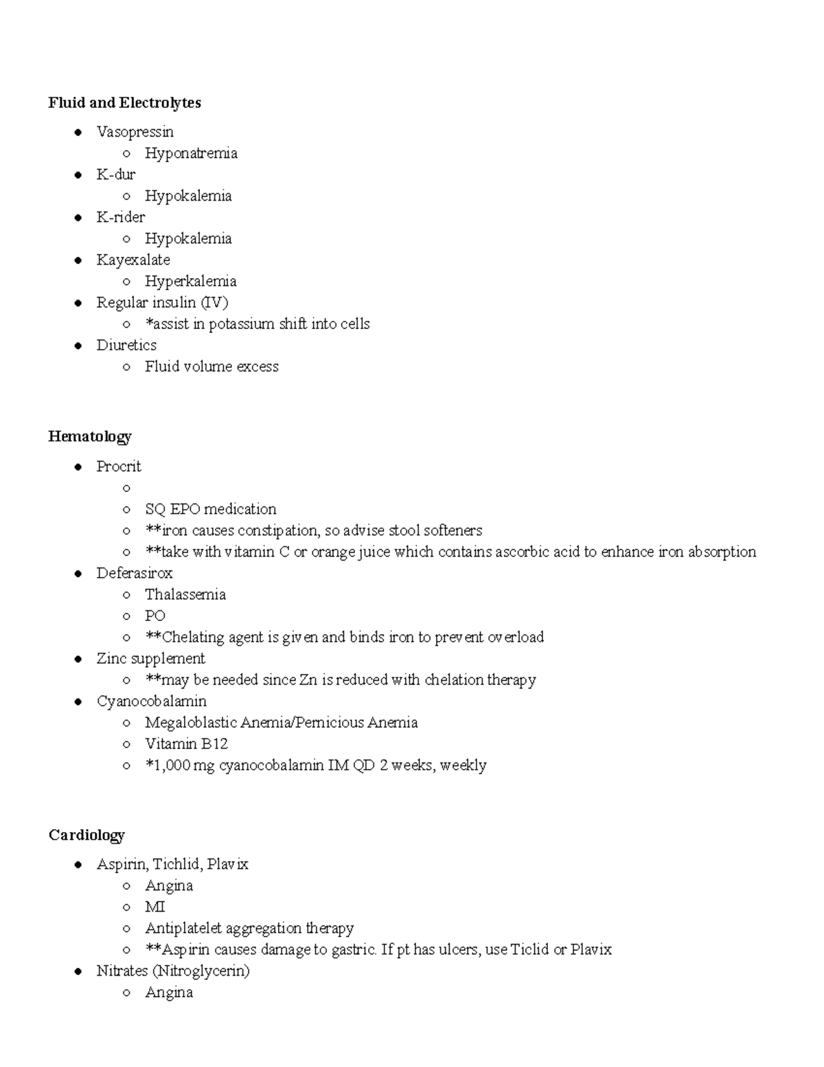 MedSurg Drug List Lecture Notes Fluid and Electrolytes Vasopressin