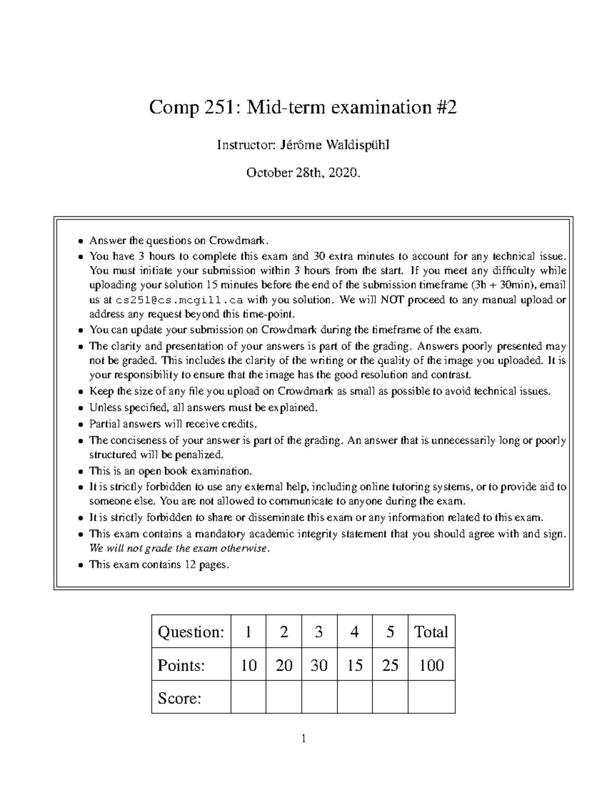 Midterm 2 Autumn 2020, Questions - Comp 251: Mid-term Examination ...