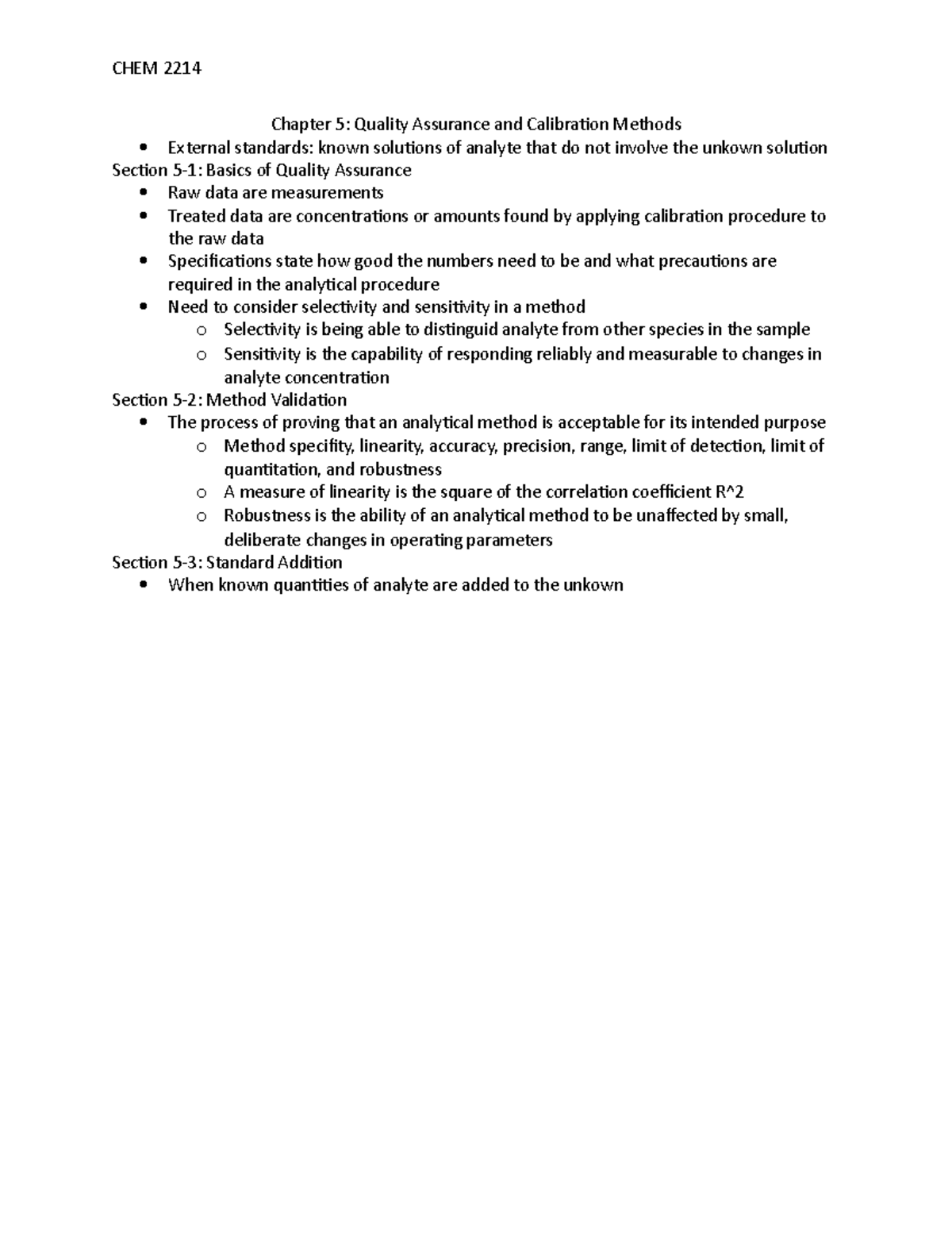 2214 Chapter 5 - Lecture notes 5 - CHEM 2214 Chapter 5: Quality ...