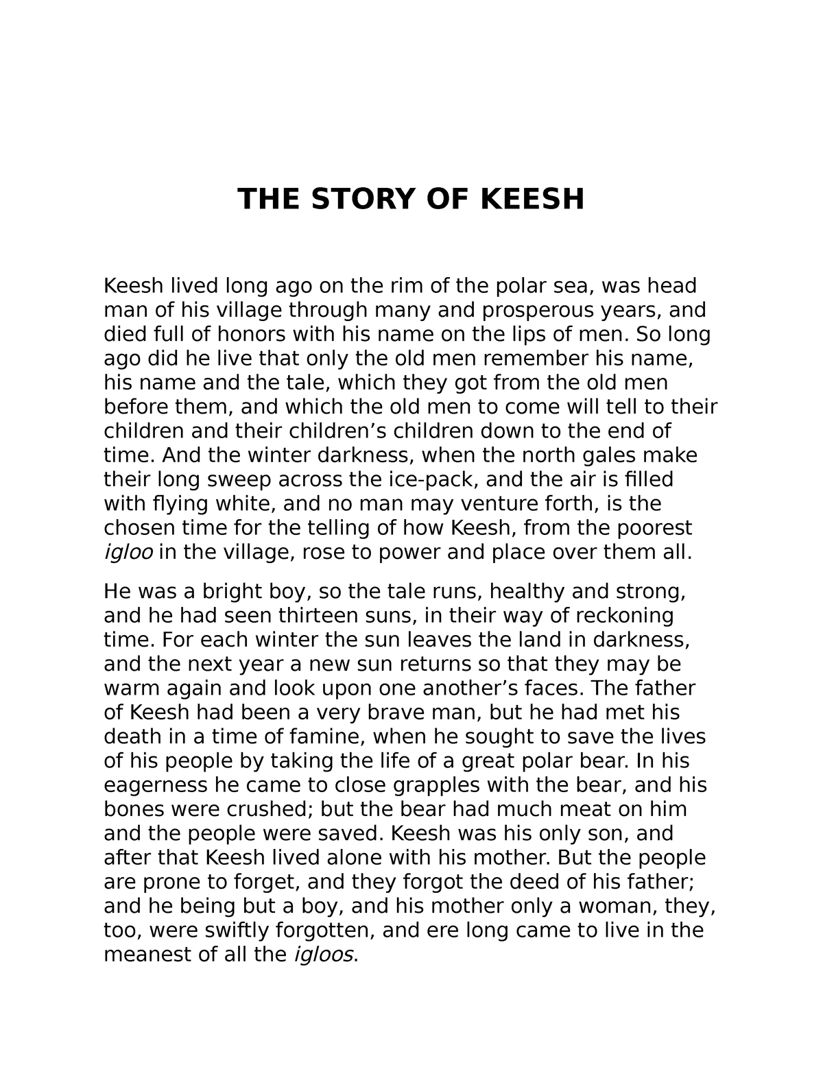 story of keesh essay