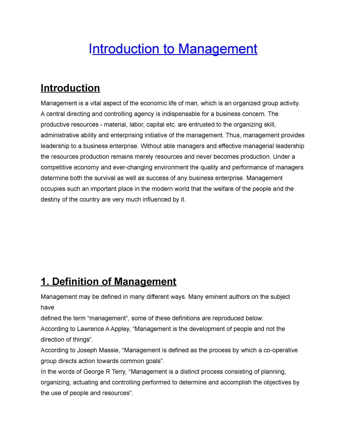 assignment on introduction to management