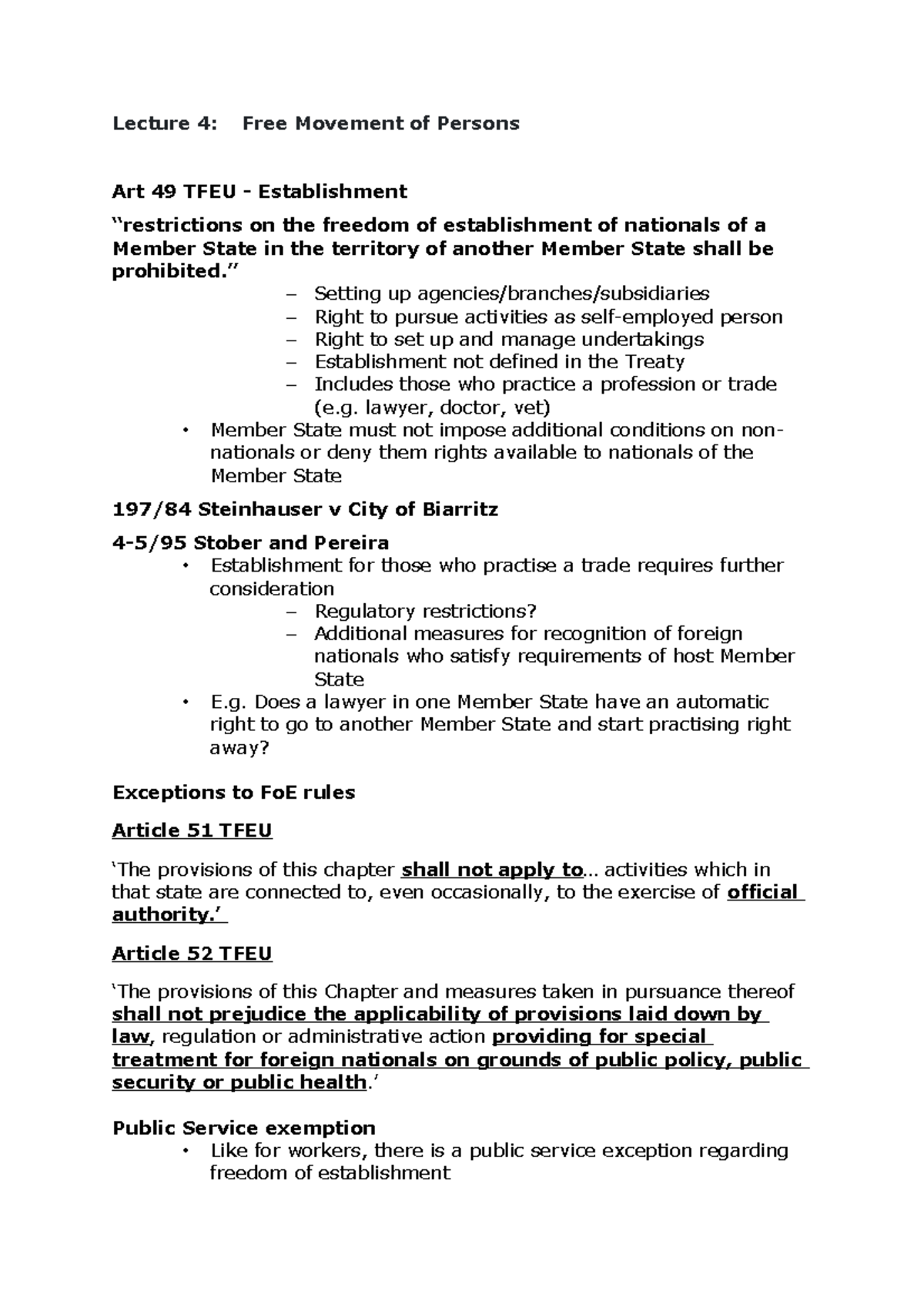 Lecture 4 - Lecture 4: Free Movement of Persons Art 49 TFEU ...