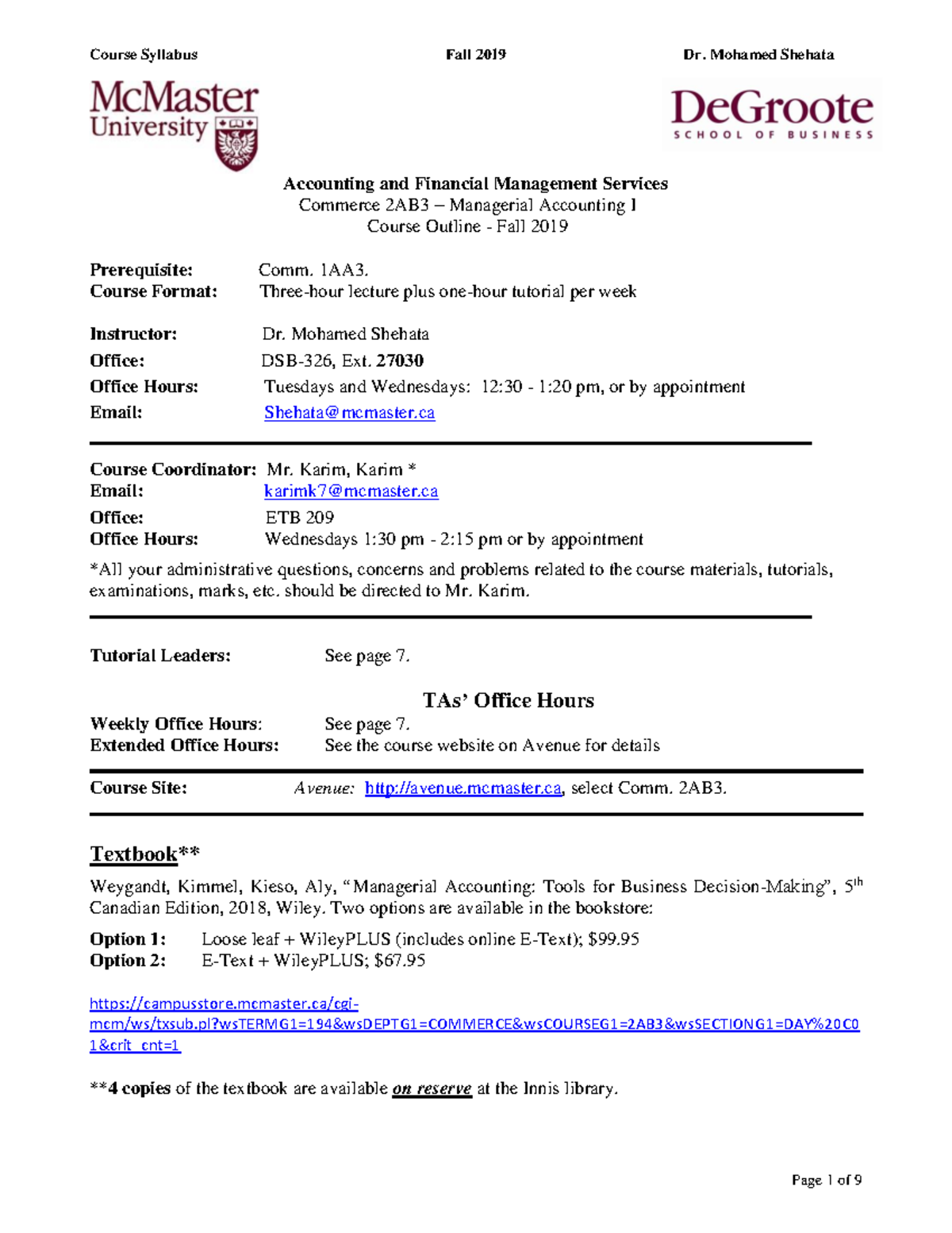 Commerce 2AB3 - 2019 Fall - Accounting and Financial Management ...