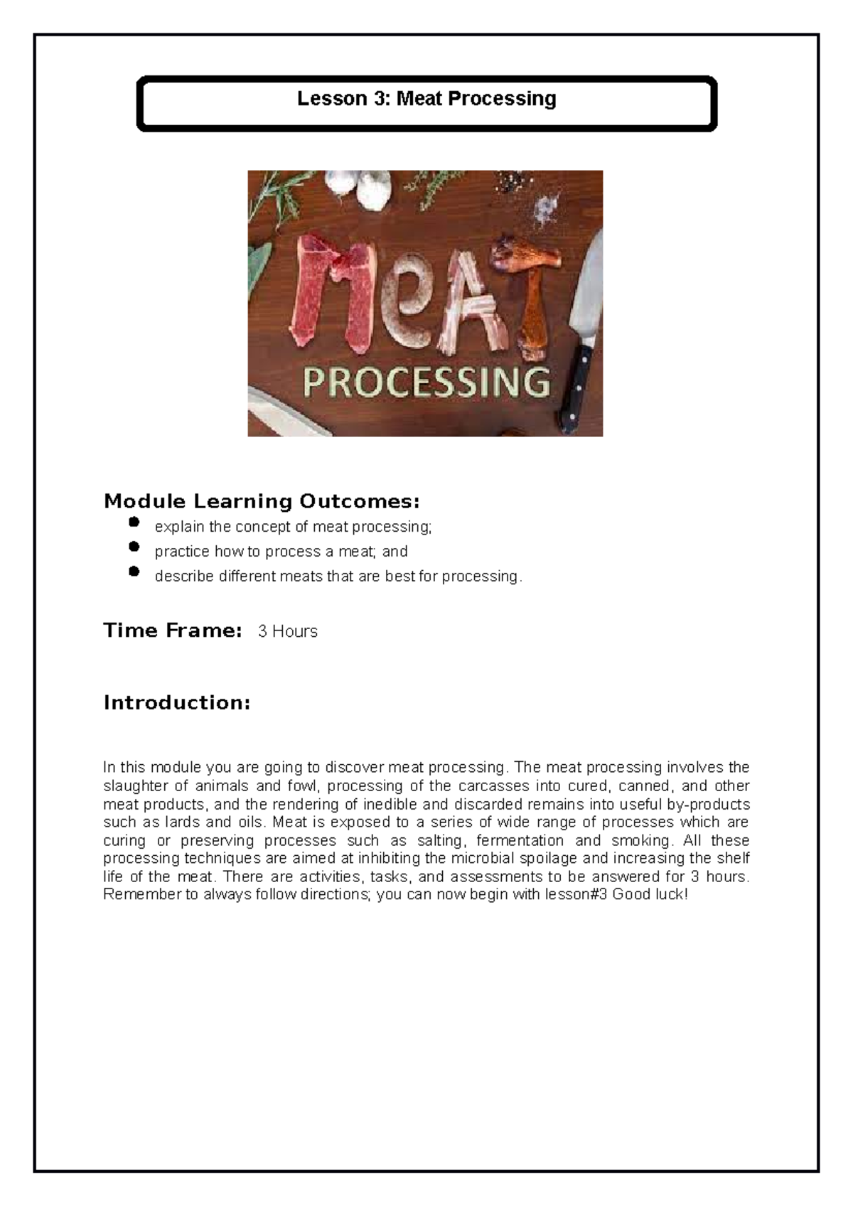 UNIT 3 Lesson 3 Meat processing final Module Learning
