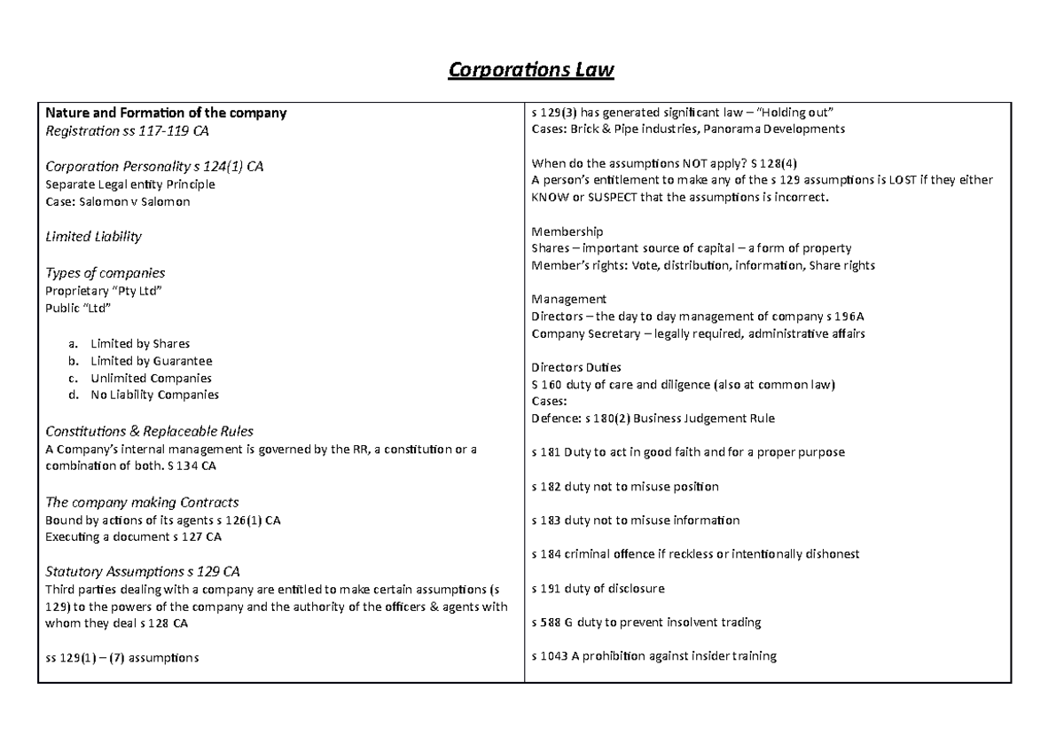 Corporation Law - Lecture notes 8 - Corporations Law Nature and ...