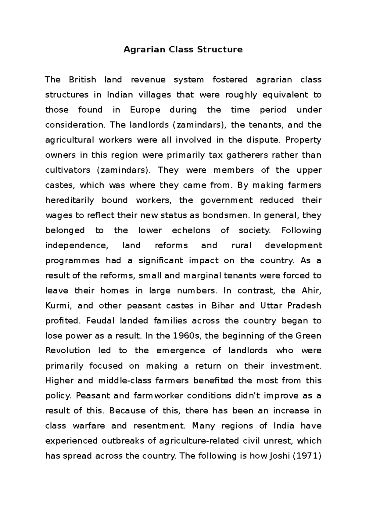 Agrarian Class Structure - The Landlords (zamindars), The Tenants, And ...