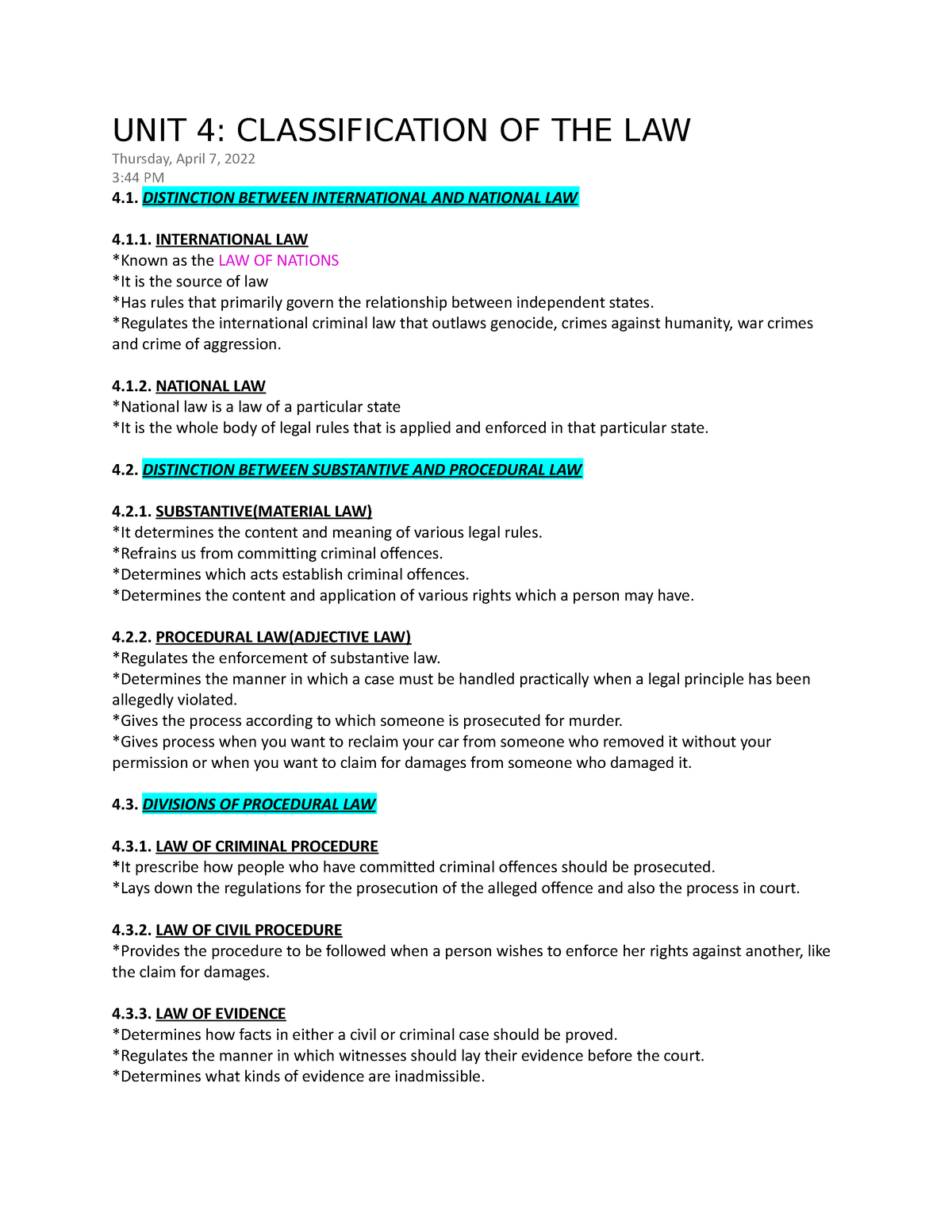 Inl Unit Classification Of The Law Unit Classification Of The Law Thursday April