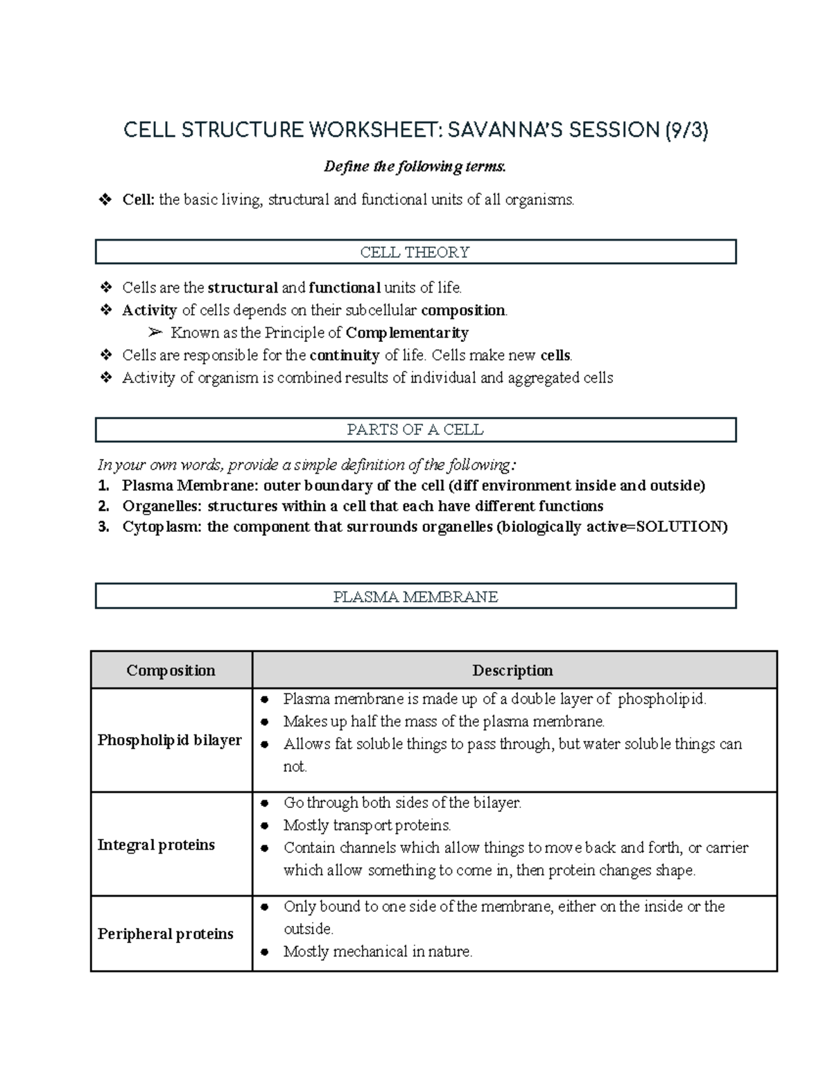 CELL Structure Worksheet - CELL STRUCTURE WORKSHEET: SAVANNA’S SESSION ...
