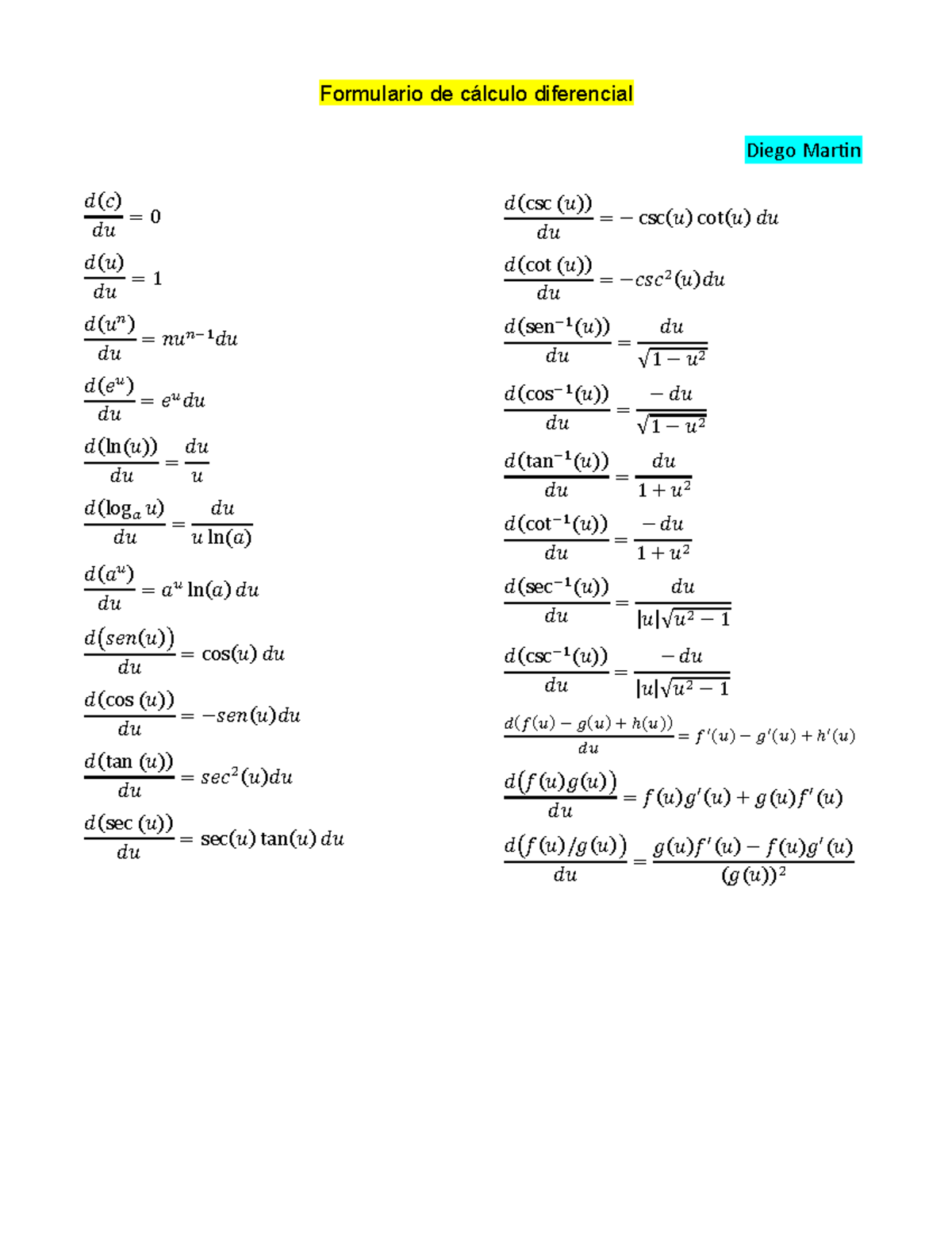 Formulario De Calculo Diferencial E Integral Diego Martin ⅆ 𝑐 ⅆ𝑢 0 ⅆ 𝑢 ⅆ𝑢 1 ⅆ 𝑢