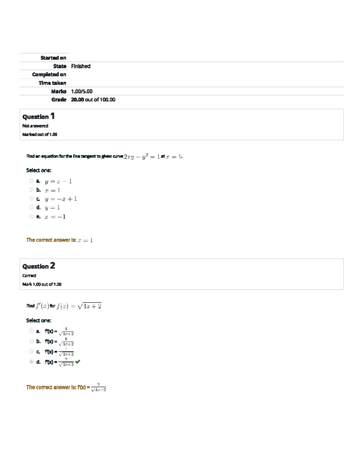Self quiz answers 4 - MATH 1211 - Studocu