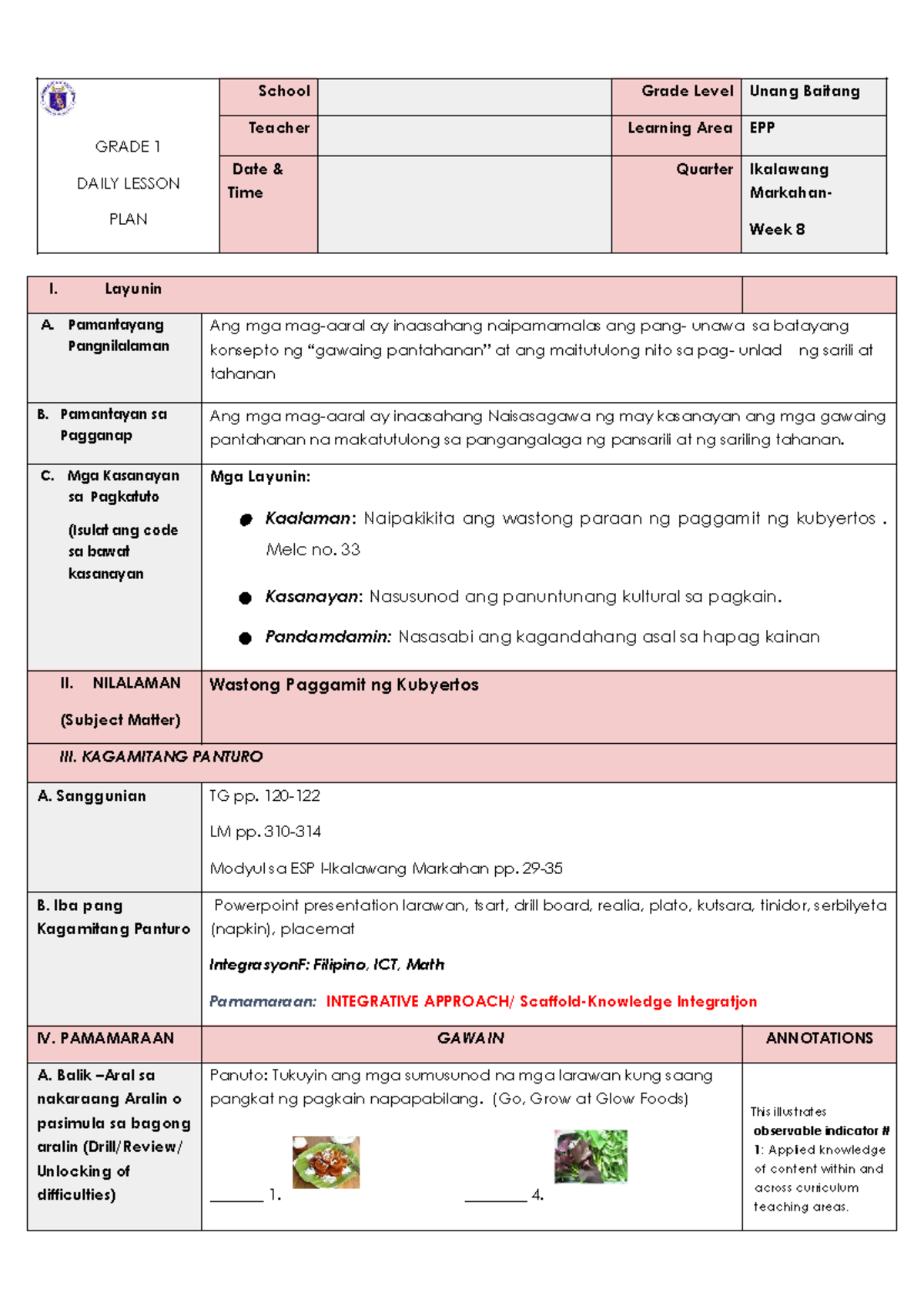 COT EPP 4 Q2 W8 - GRADE 1 DAILY LESSON PLAN School Grade Level Unang ...