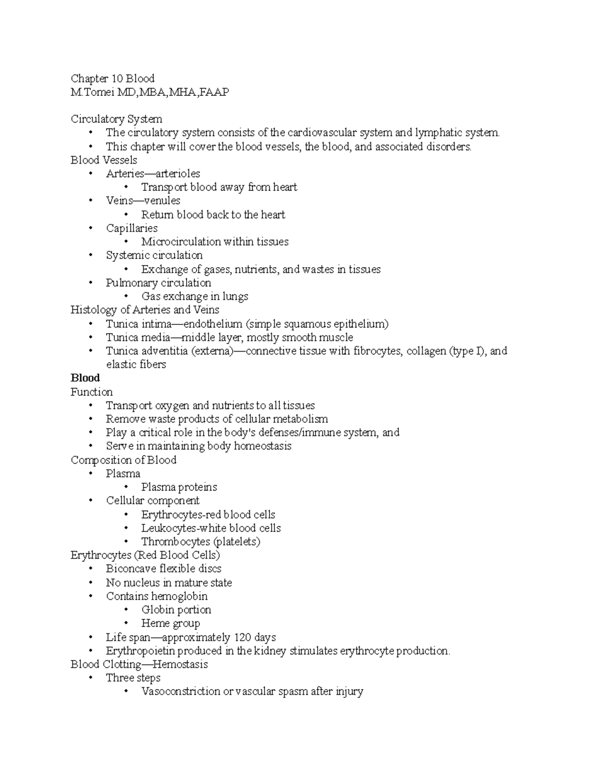 Chapter 10 Blood - Chapter 10 Blood M MD,MBA,MHA,FAAP Circulatory ...