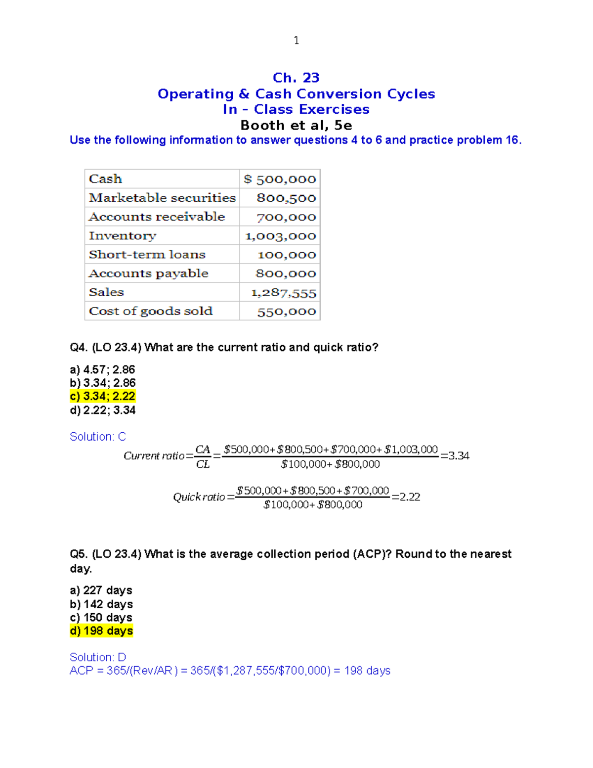 Ch.23 - Operating Cash Conversion Cycles - In Class Exercises - 1 Ch ...