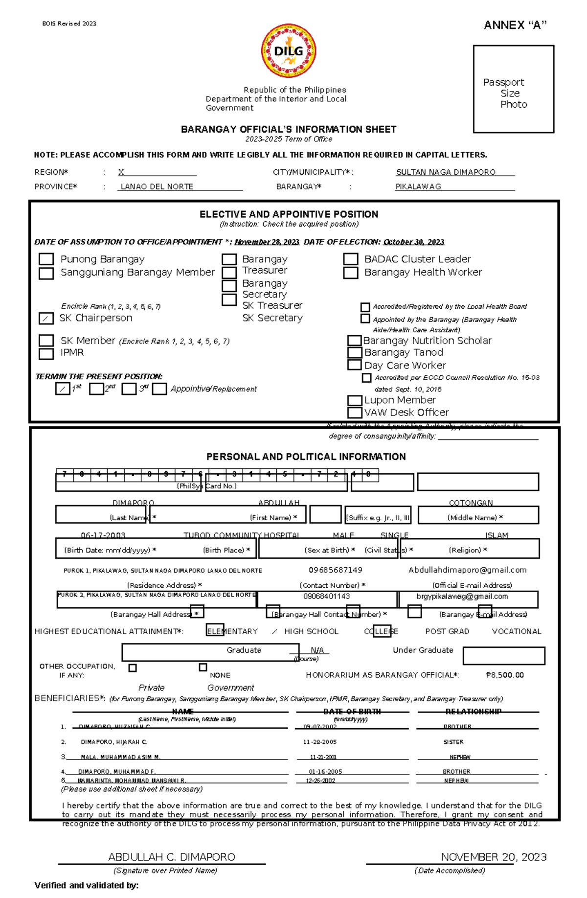 BOIS Revised 2023 Annex Abfullah - BOIS Revised 2023 ANNEX “A” Republic ...