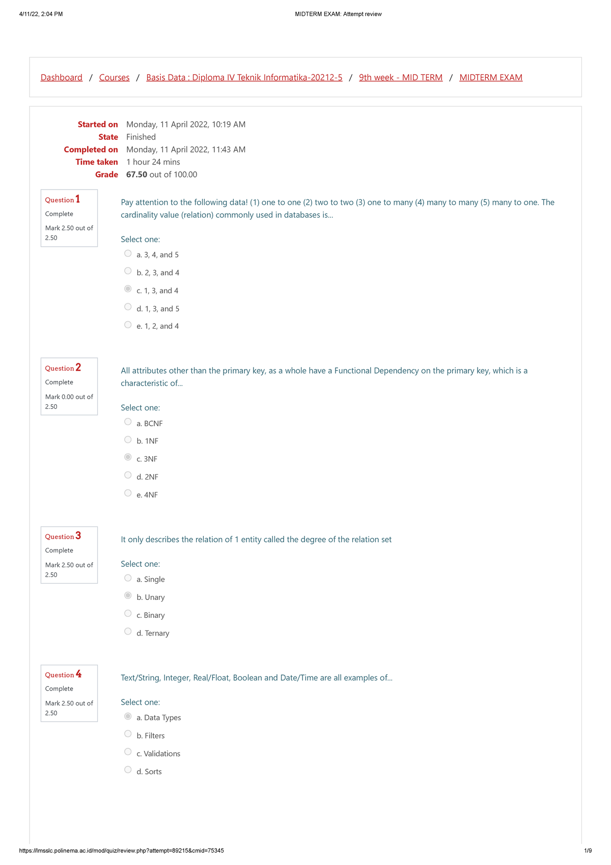 Midterm EXAM Attempt Review - Dashboard / Courses / Basis Data ...