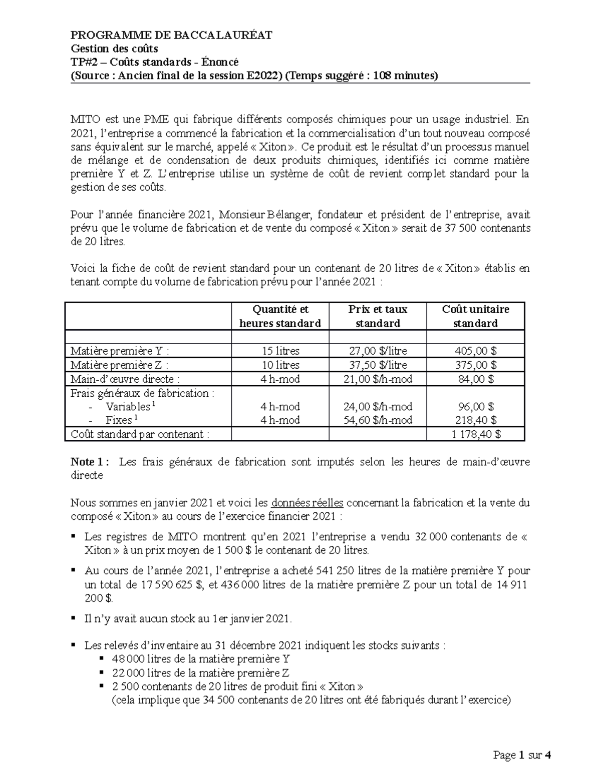 TP 2 20929 Énoncé Coûts Standards A2022 Gestion des coûts TP2