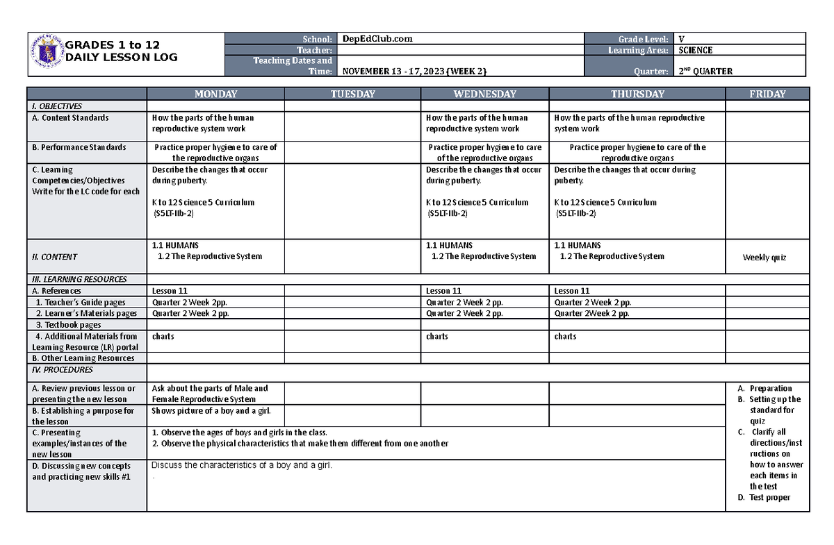 DLL Science 5 Q2 W2 - good job - GRADES 1 to 12 DAILY LESSON LOG School ...