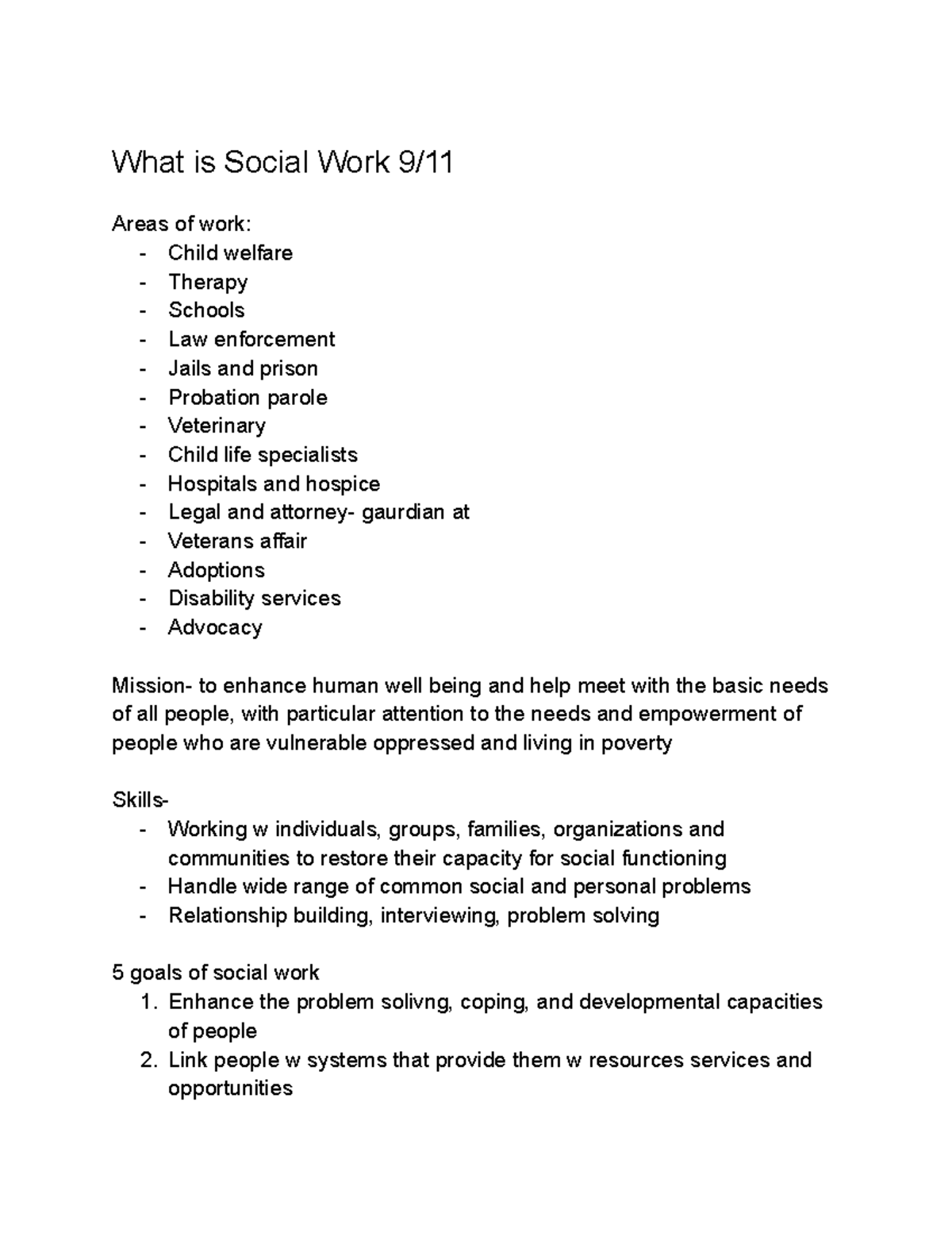 Intro to Social Work Notes - What is Social Work 9/ Areas of work ...