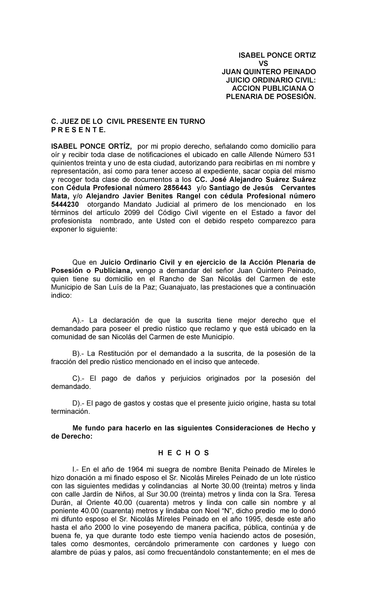 Acción Publiciana Escritode Accion Plenaria Isabel Ponce Ortiz Vs Juan Quintero Peinado 1535