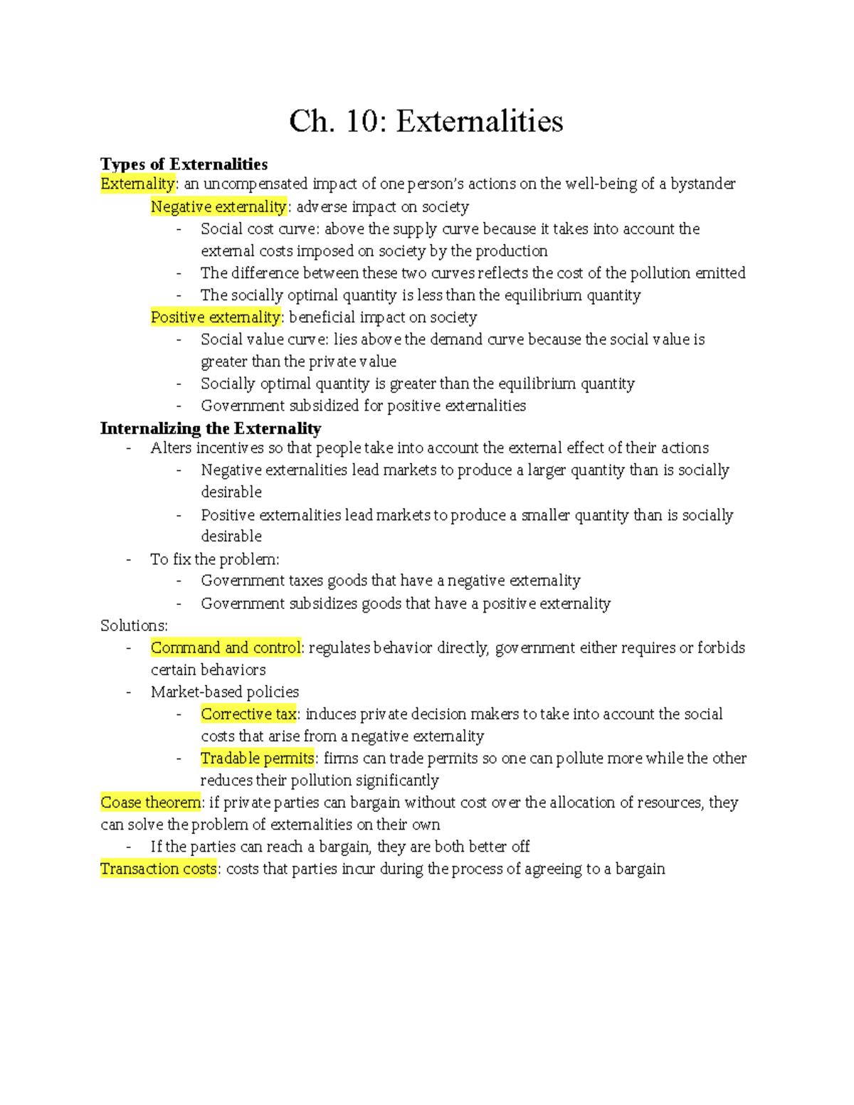 Ch. 10 - Lecture notes 10 - Ch. 10: Externalities Types of ...