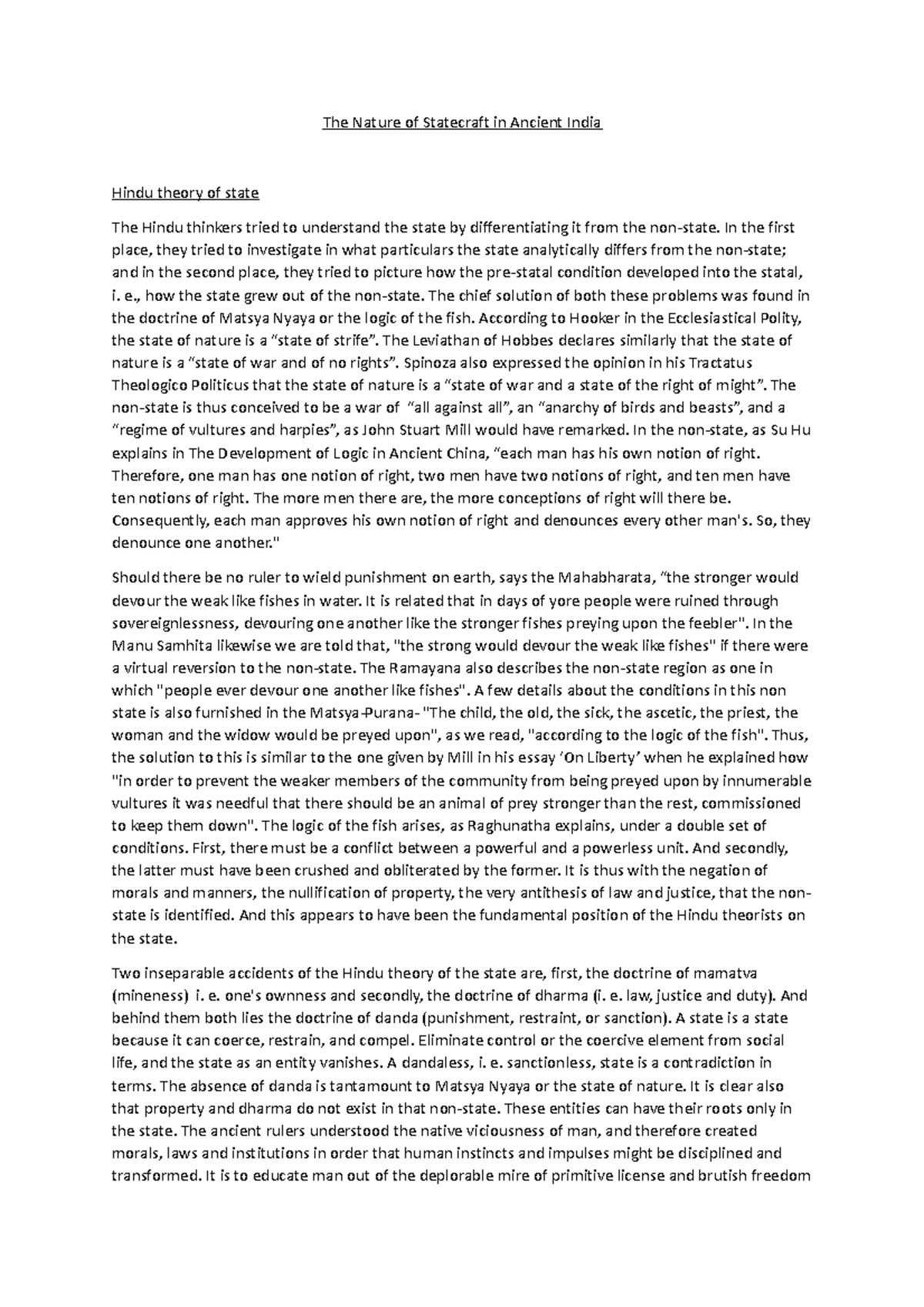 Iipt hindu theory of state; matsya nyaya logic The Nature of Statecraft in Ancient India