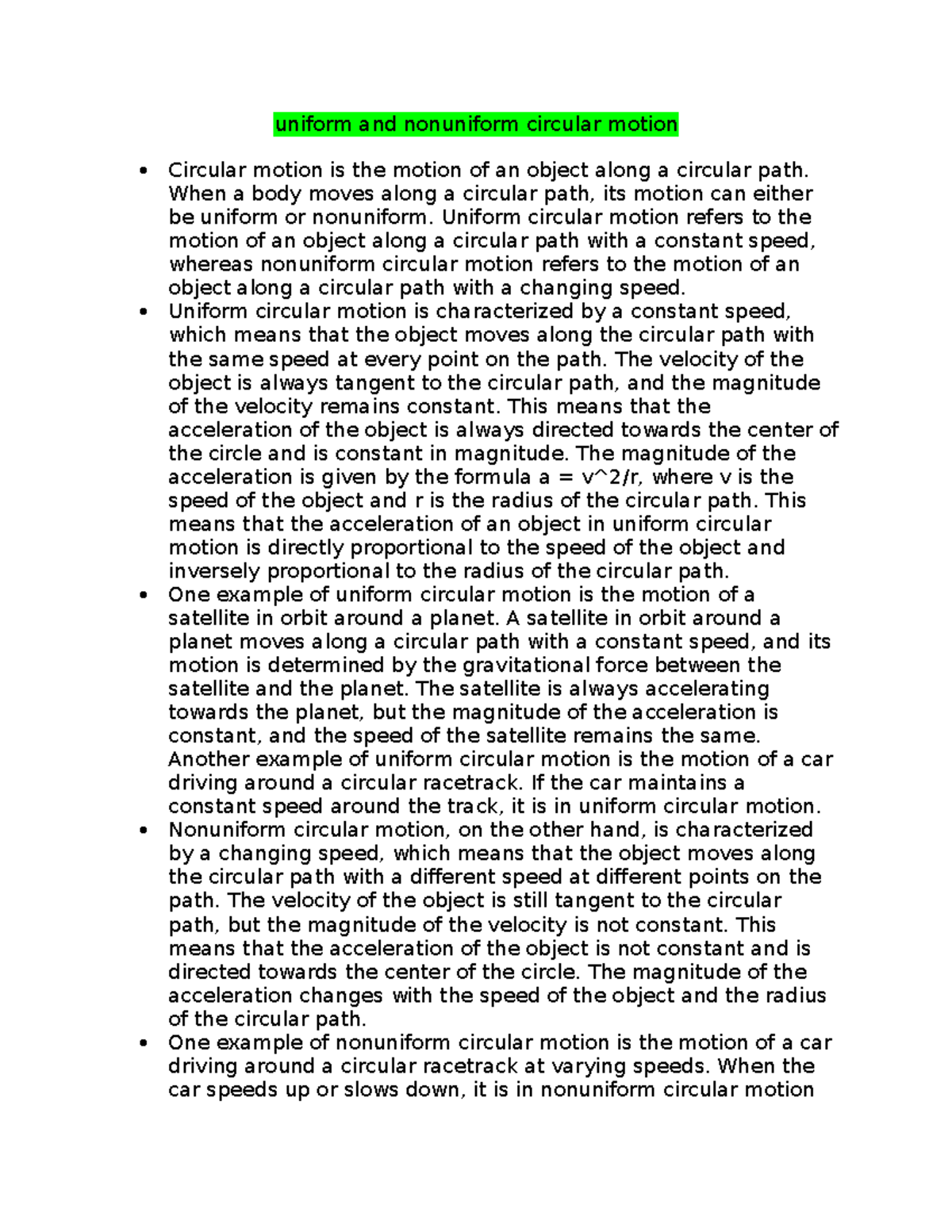 Uniform and nonuniform circular motion - When a body moves along a ...