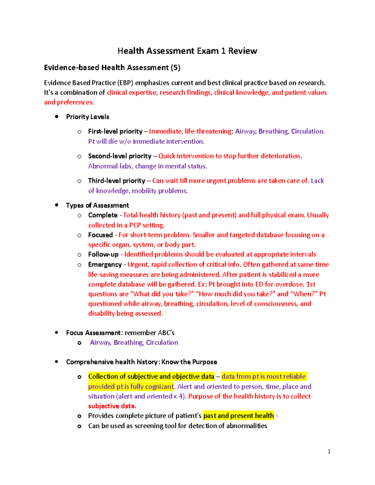 Health Assessment Exam 1 Review - Health Assessment Exam 1 Review ...