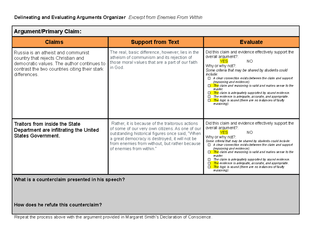 Delineating and Evaluating Arguments Organizer - The author continues ...