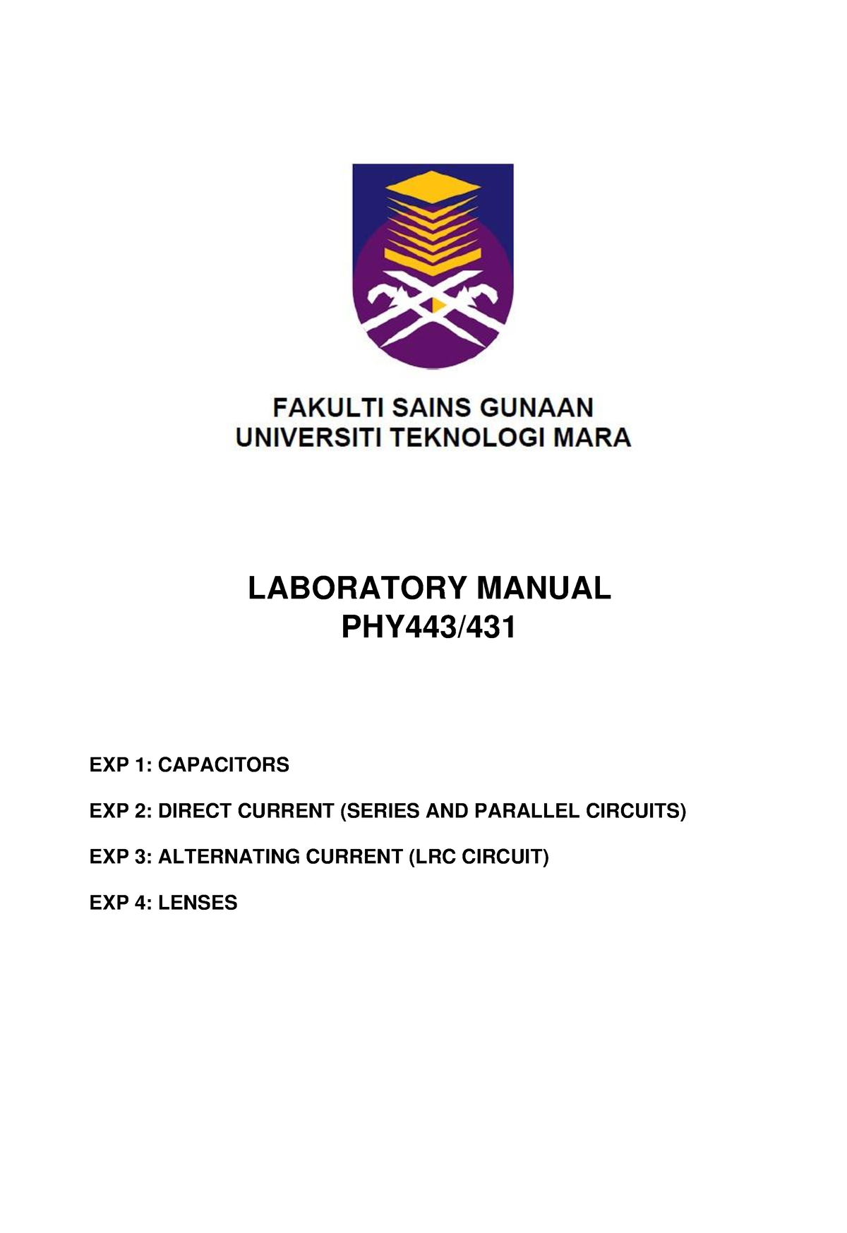 2) LAB Manual - LABORATORY MANUAL PHY443/ EXP 1: CAPACITORS EXP 2 ...