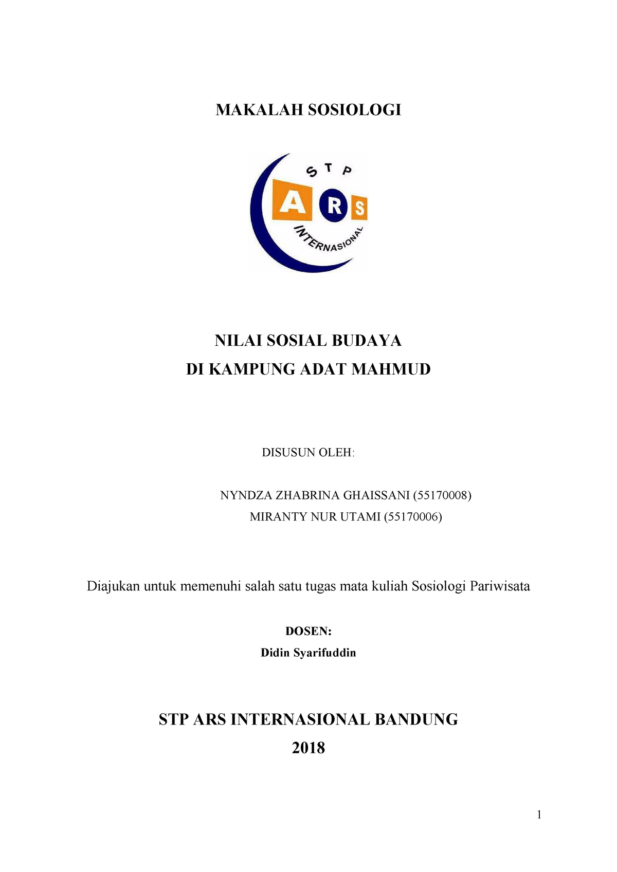 Makalah Sosiologi - MAKALAH SOSIOLOGI NILAI SOSIAL BUDAYA DI KAMPUNG ...