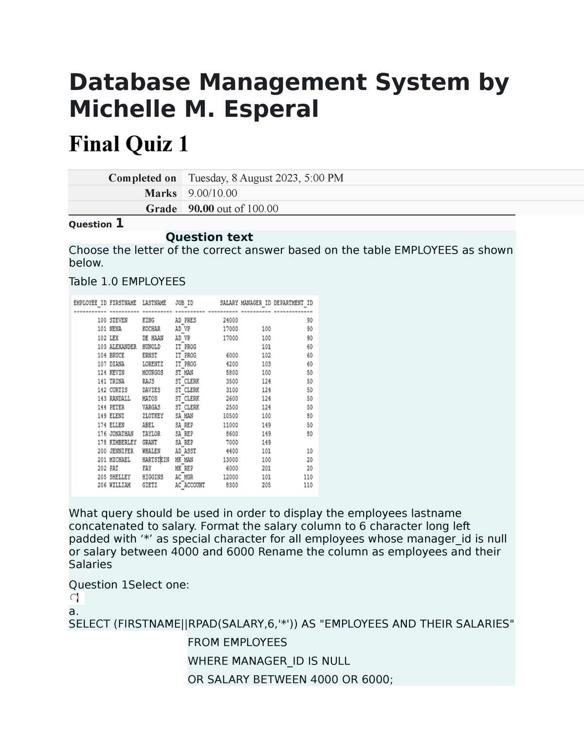 Database Management System Final Q1 - Database Management System By ...