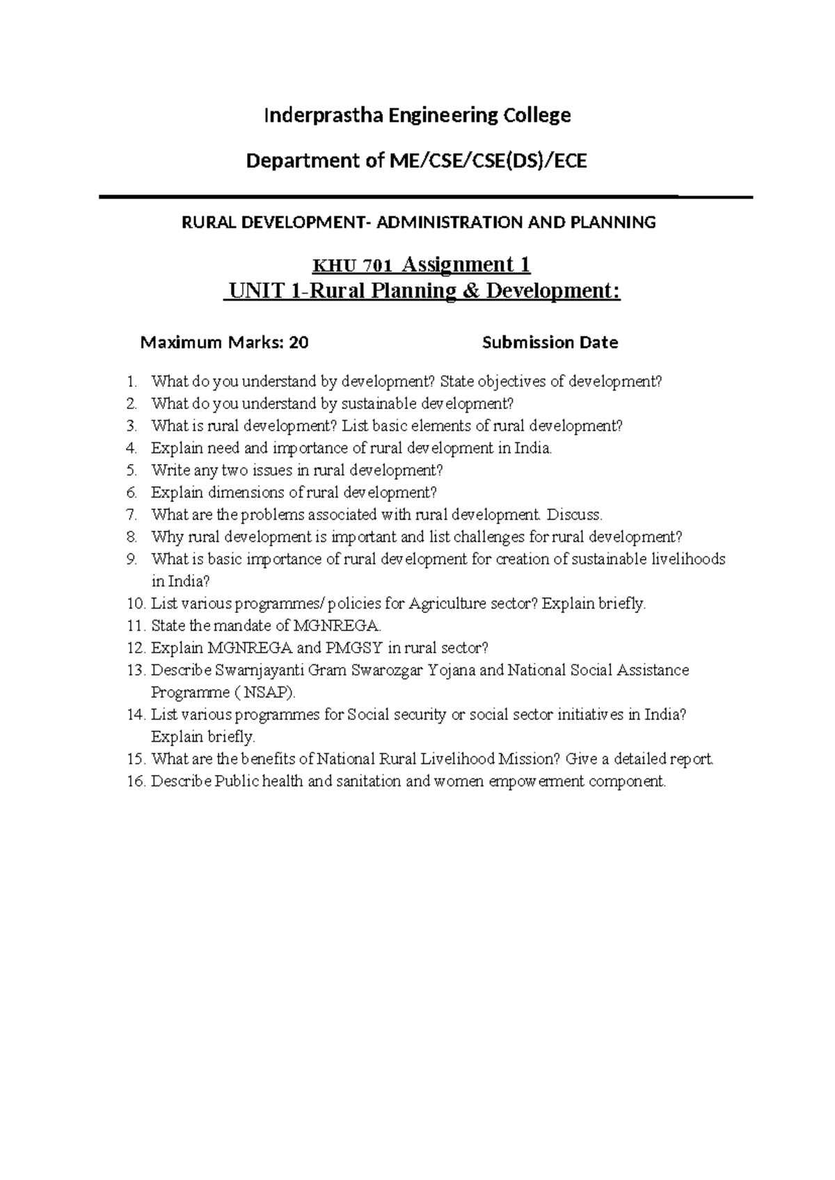 Assignment 1 RD - Questions of Unit 1 Rural Development - Inderprastha ...