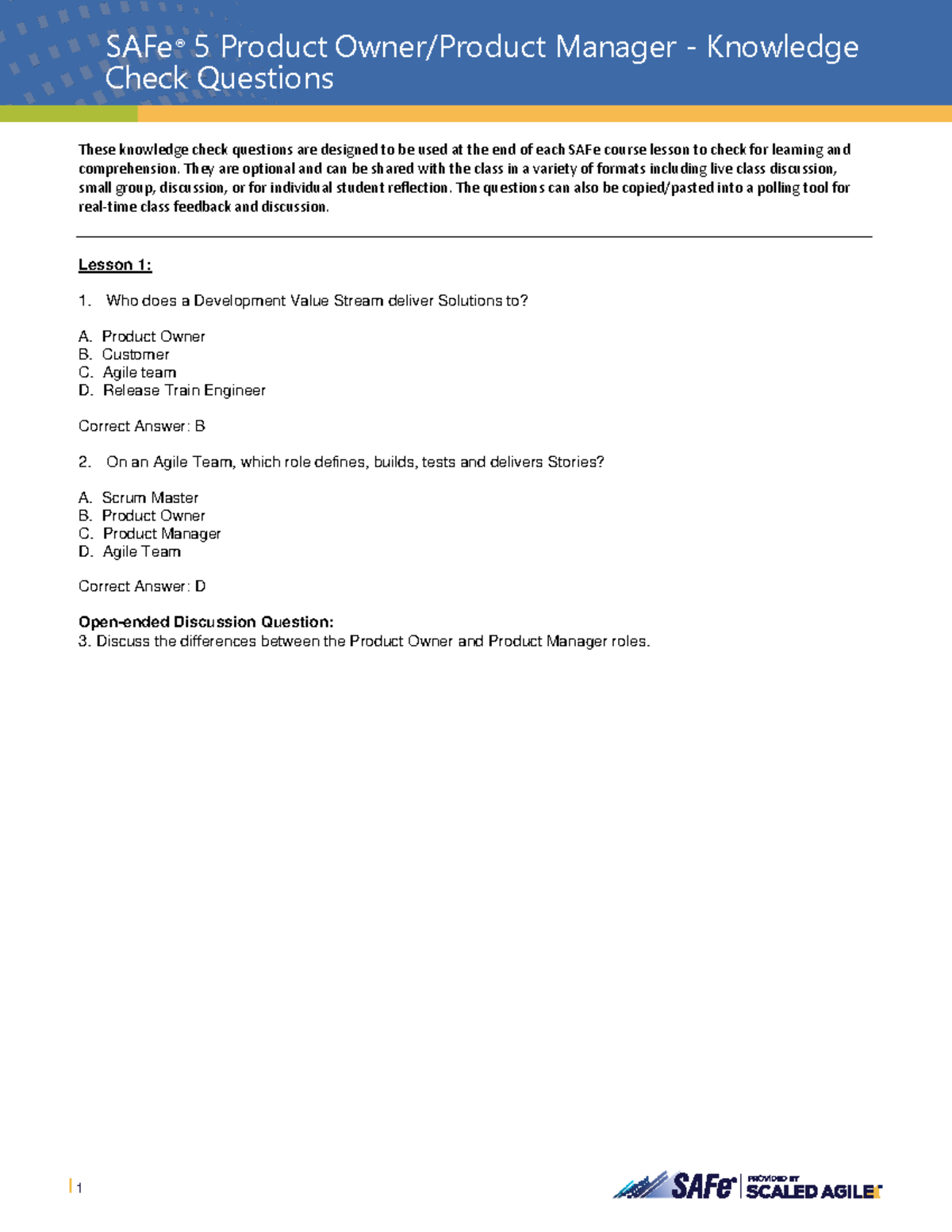 SAFe-POPM-Check your knowledge - Check Questions These knowledge check ...