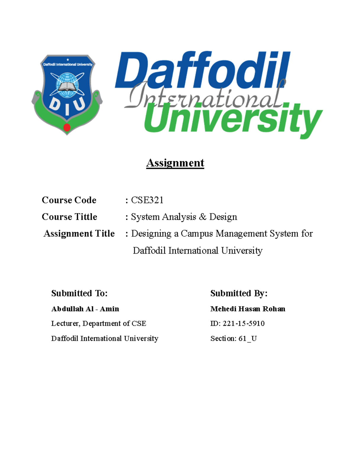 daffodil international university assignment cover page