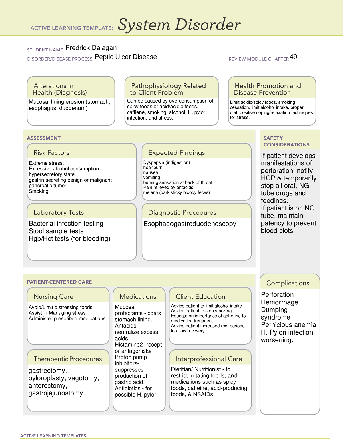 Peptic Ulcer Disease System Disorder Template ACTIVE LEARNING