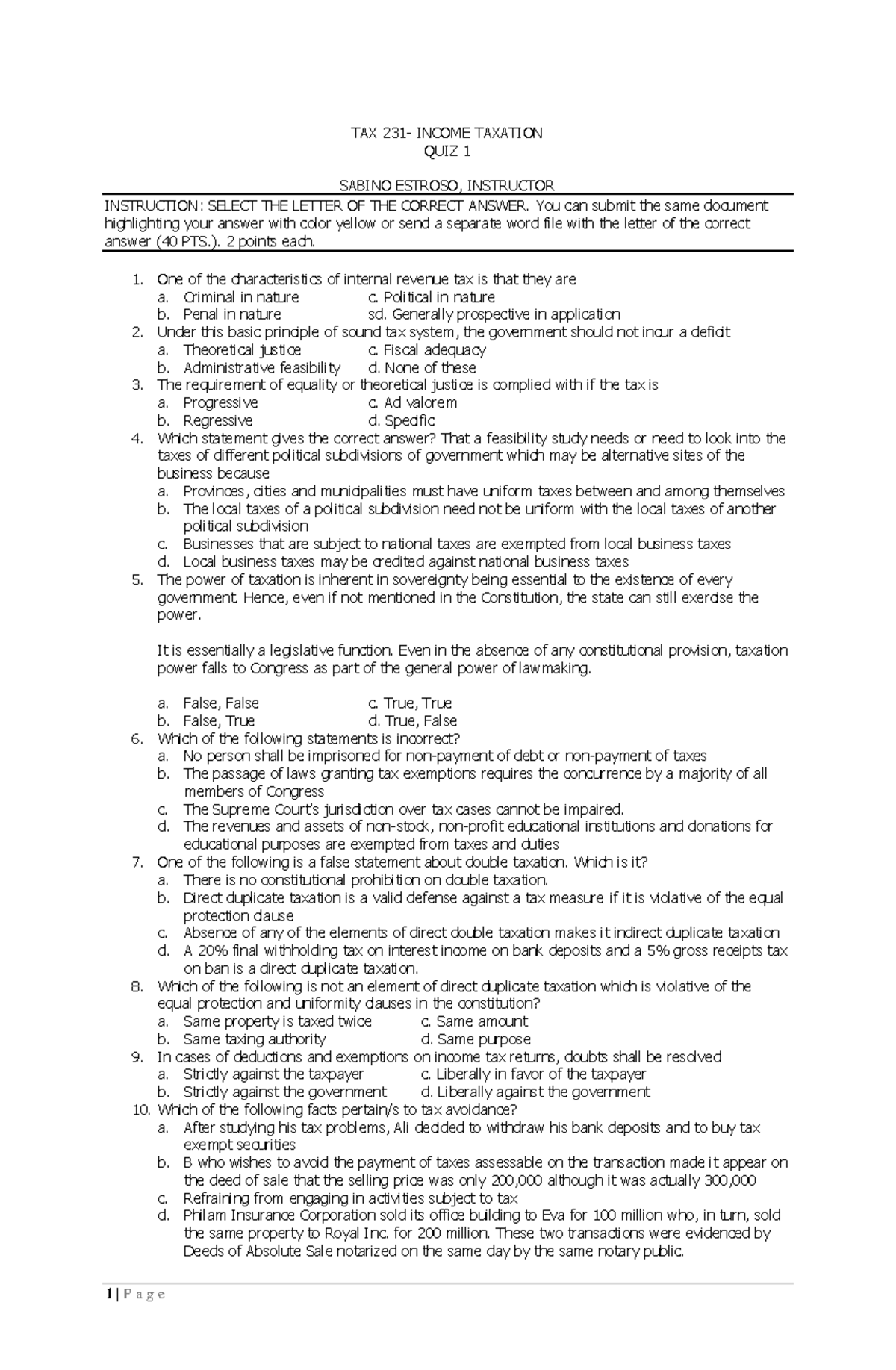 Tax 231 Quiz 1 Quiz 1 P a g e TAX 231 TAXATION QUIZ 1