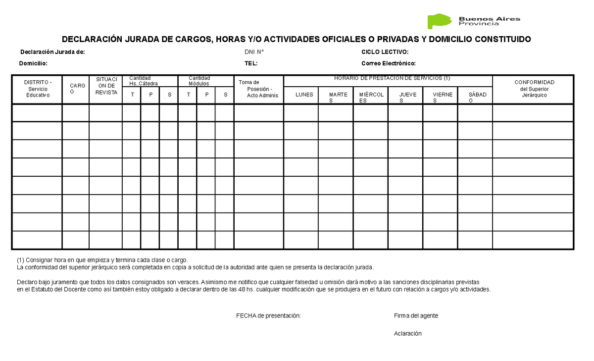 Declaración Jurada DeclaraciÓn Jurada De Cargos Horas Y O