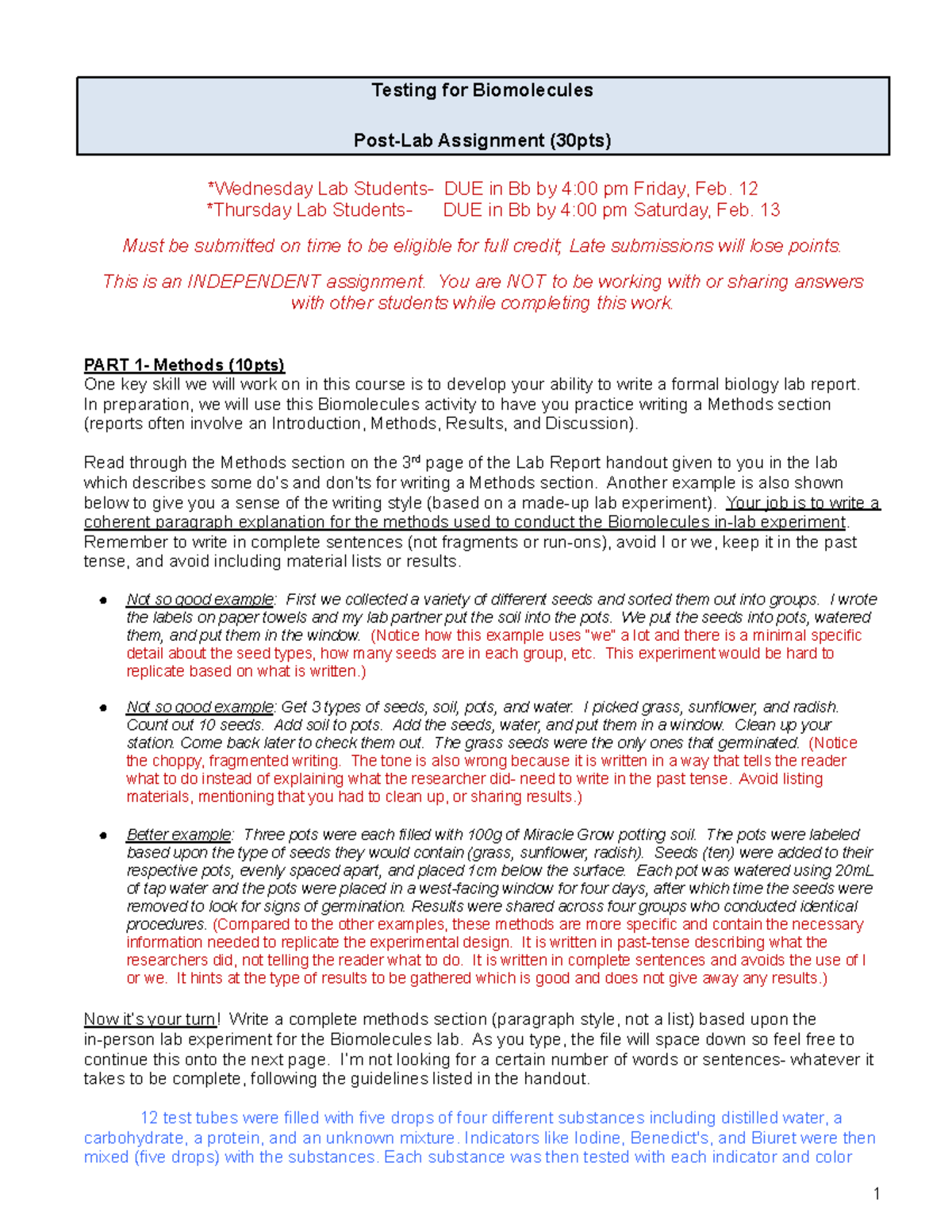 Biomolecules Post Lab Assignment Testing for Biomolecules PostLab