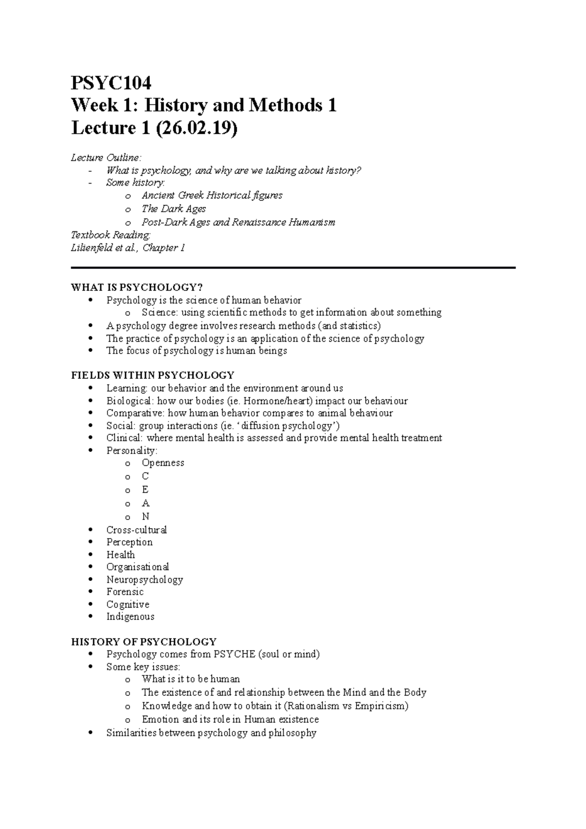 History and Methods 1+2 - 02) Lecture Outline: - What is psychology ...