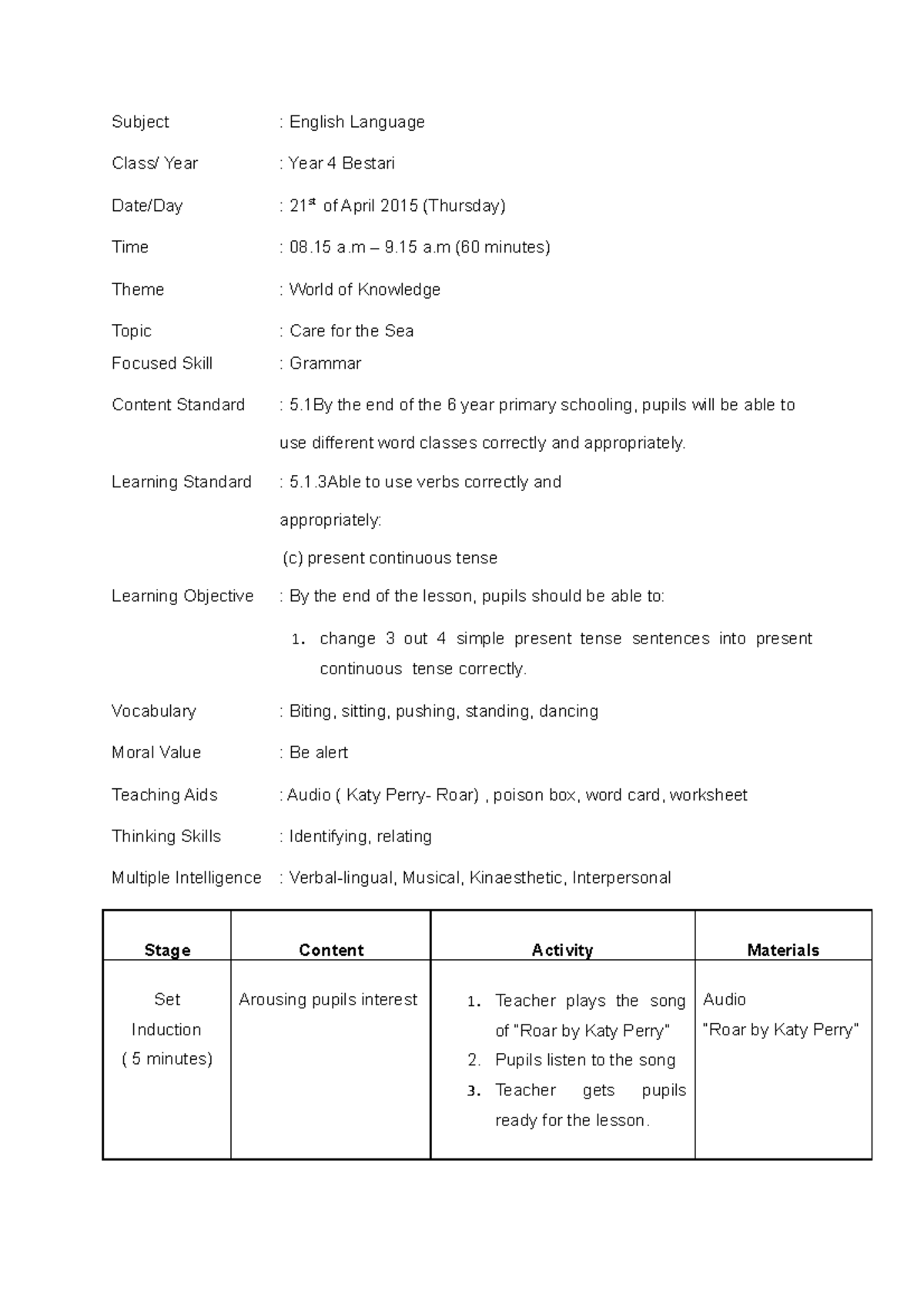 Lesson Plan Grammar - this is for academic purposes only - Subject ...