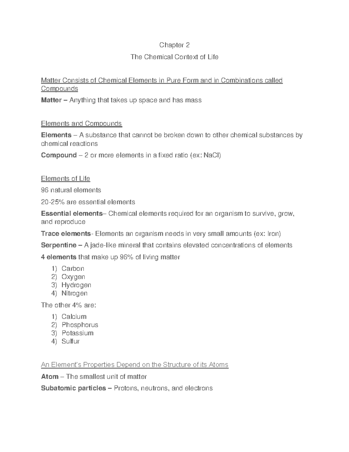 Biology - Chapter 2 Notes - Chapter 2 The Chemical Context Of Life ...