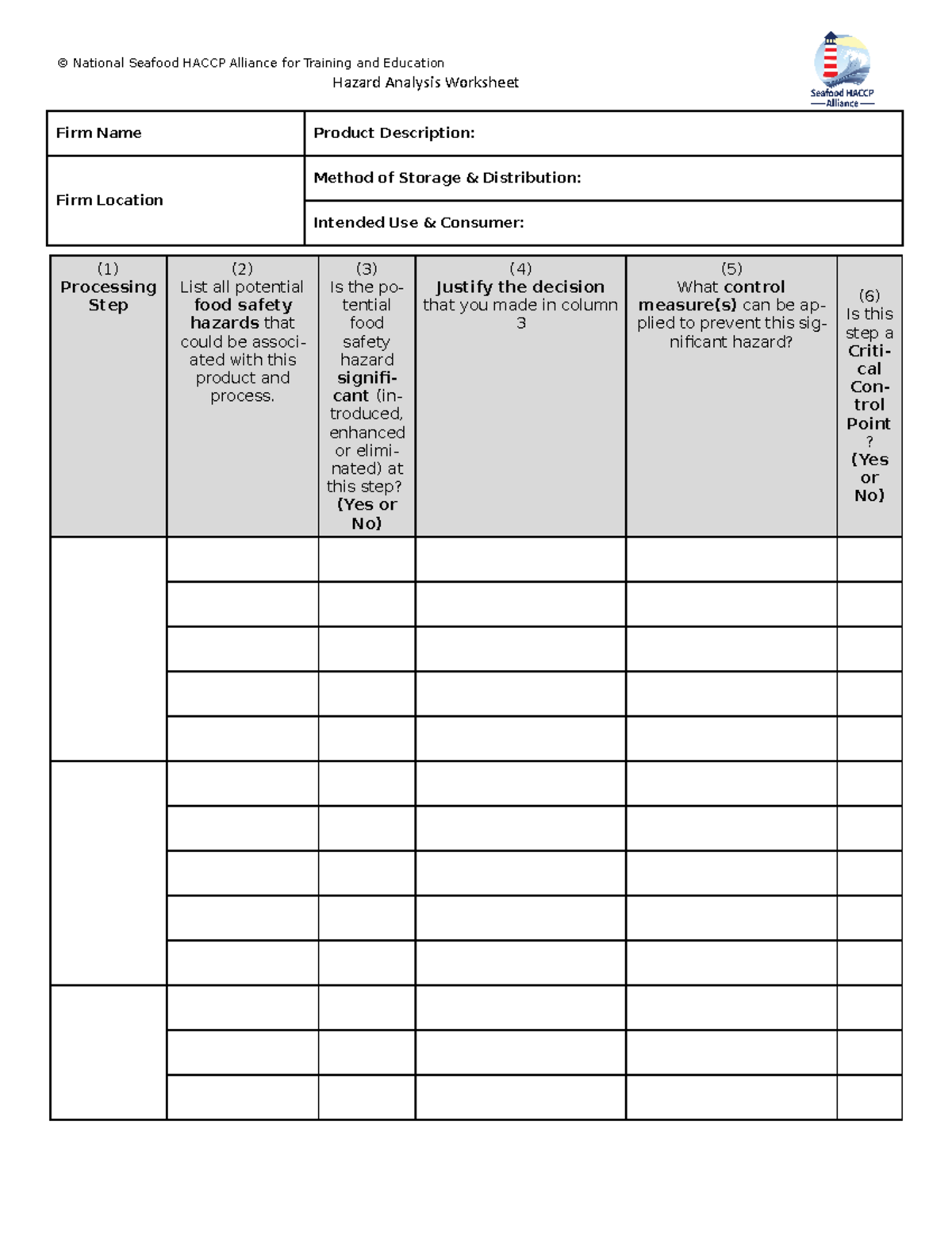 Blank Hazard Analysis form - © National Seafood HACCP Alliance for ...