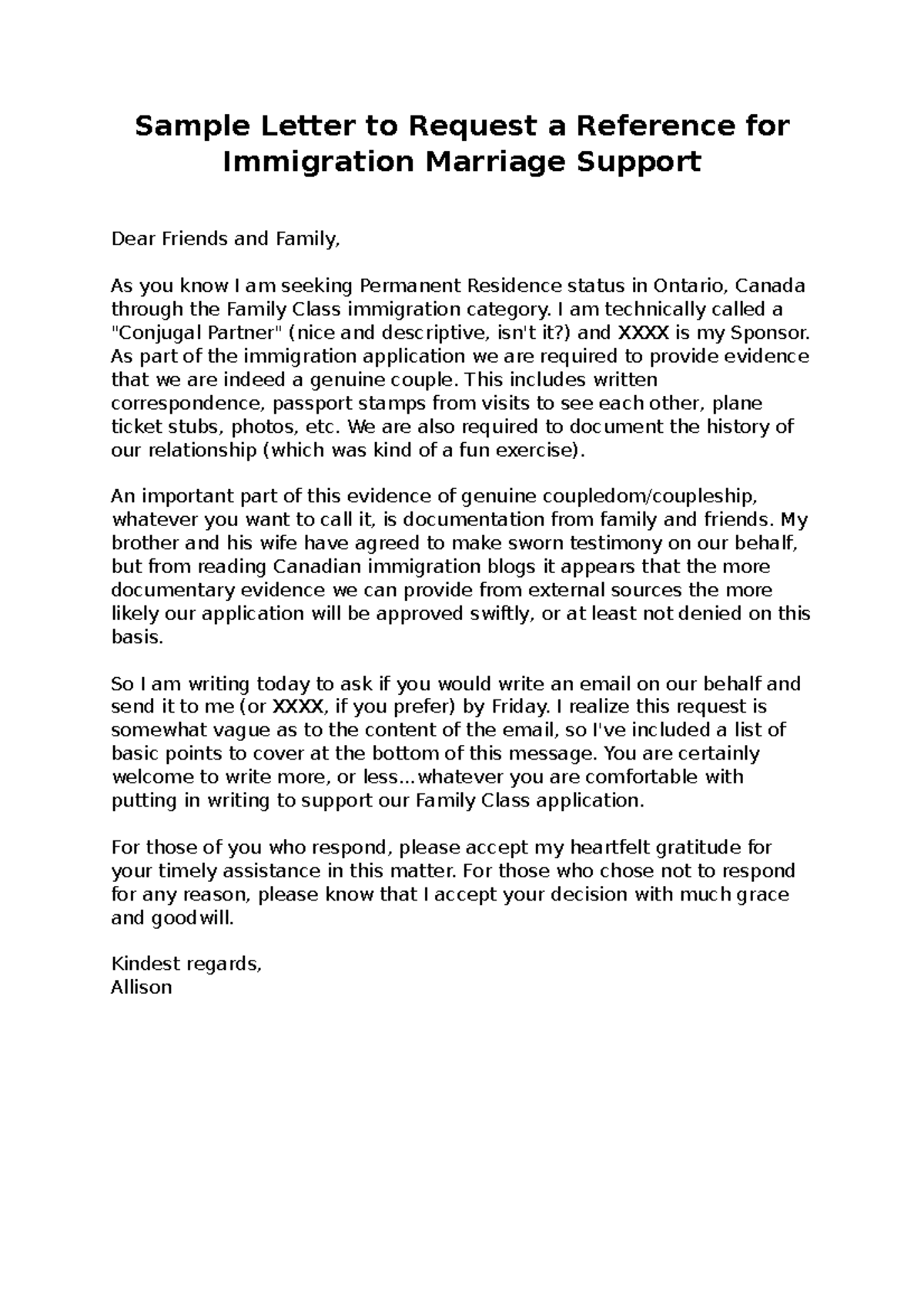 Reference Request Letter for Immigration Marriage - Sample Letter to