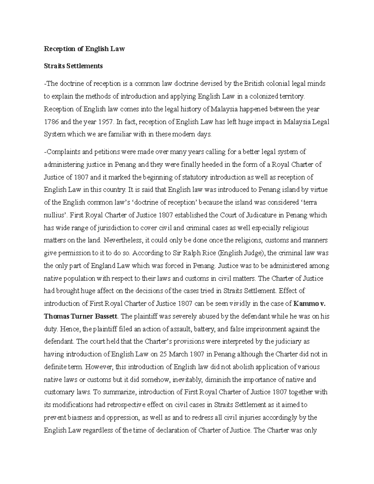 MLS Test Preparation Good Reception of English Law Straits Settlements The doctrine of